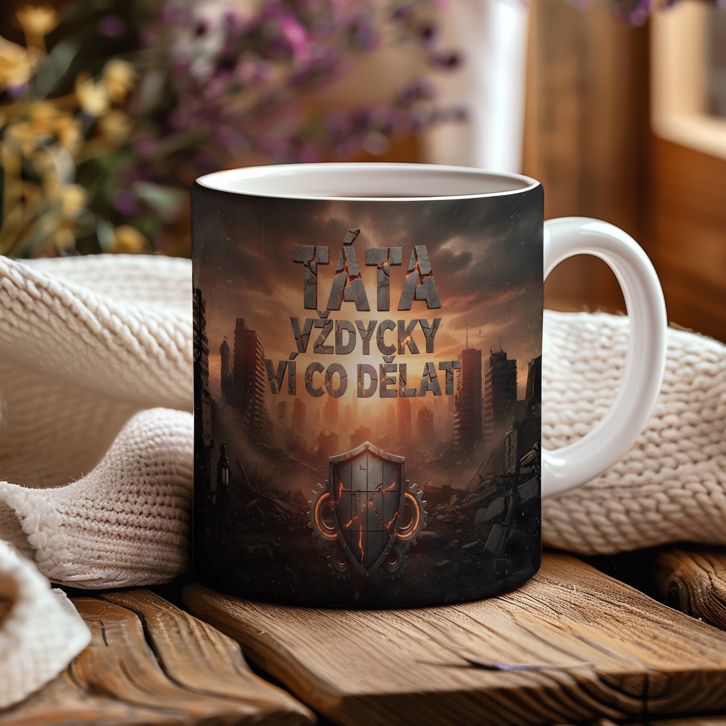 Hrnek s nápisem TÁTA VŽDYCKY VÍ CO DĚLAT a motivem štítu.