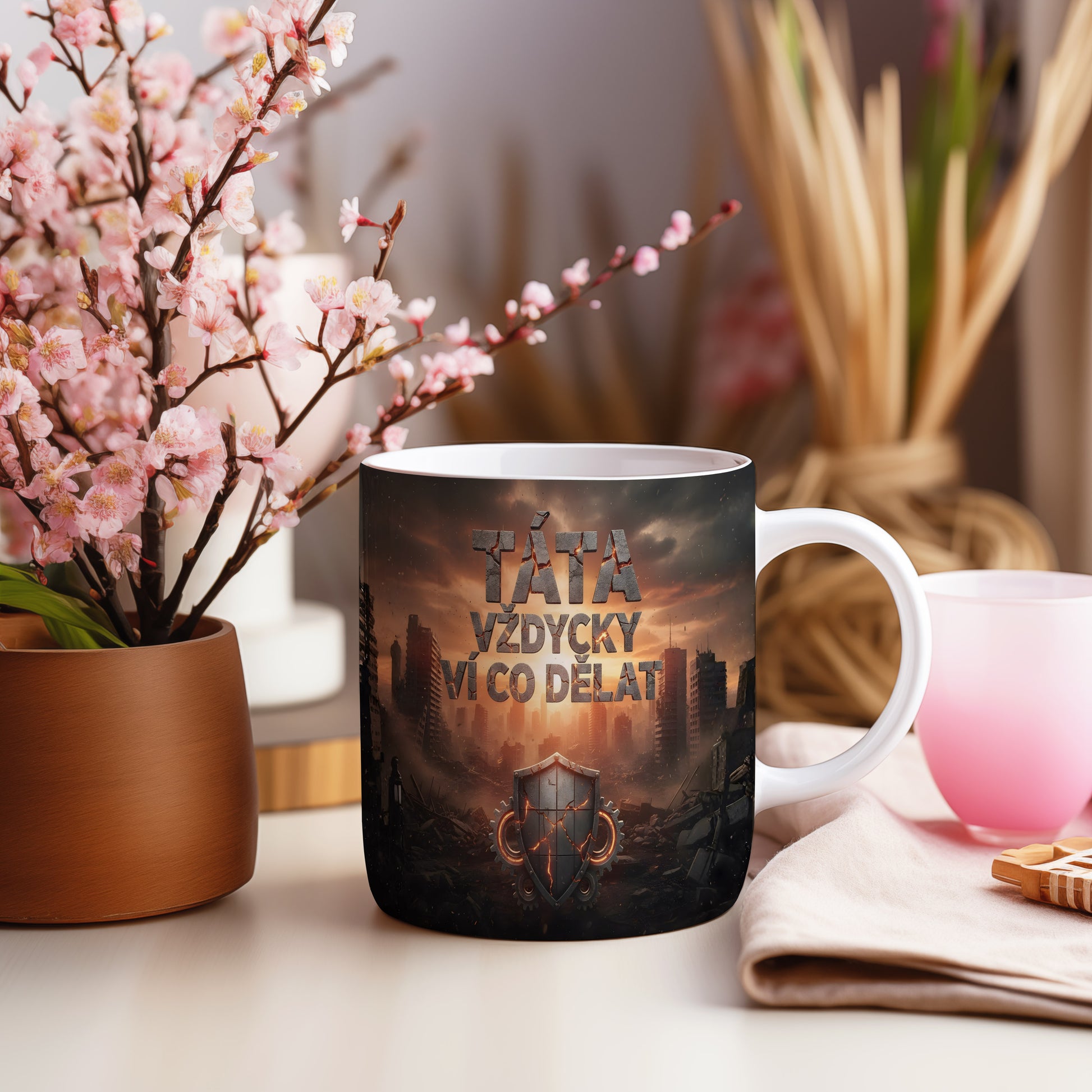 Hrnek s nápisem TÁTA VŽDYCKY VÍ CO DĚLAT a motivem štítu.