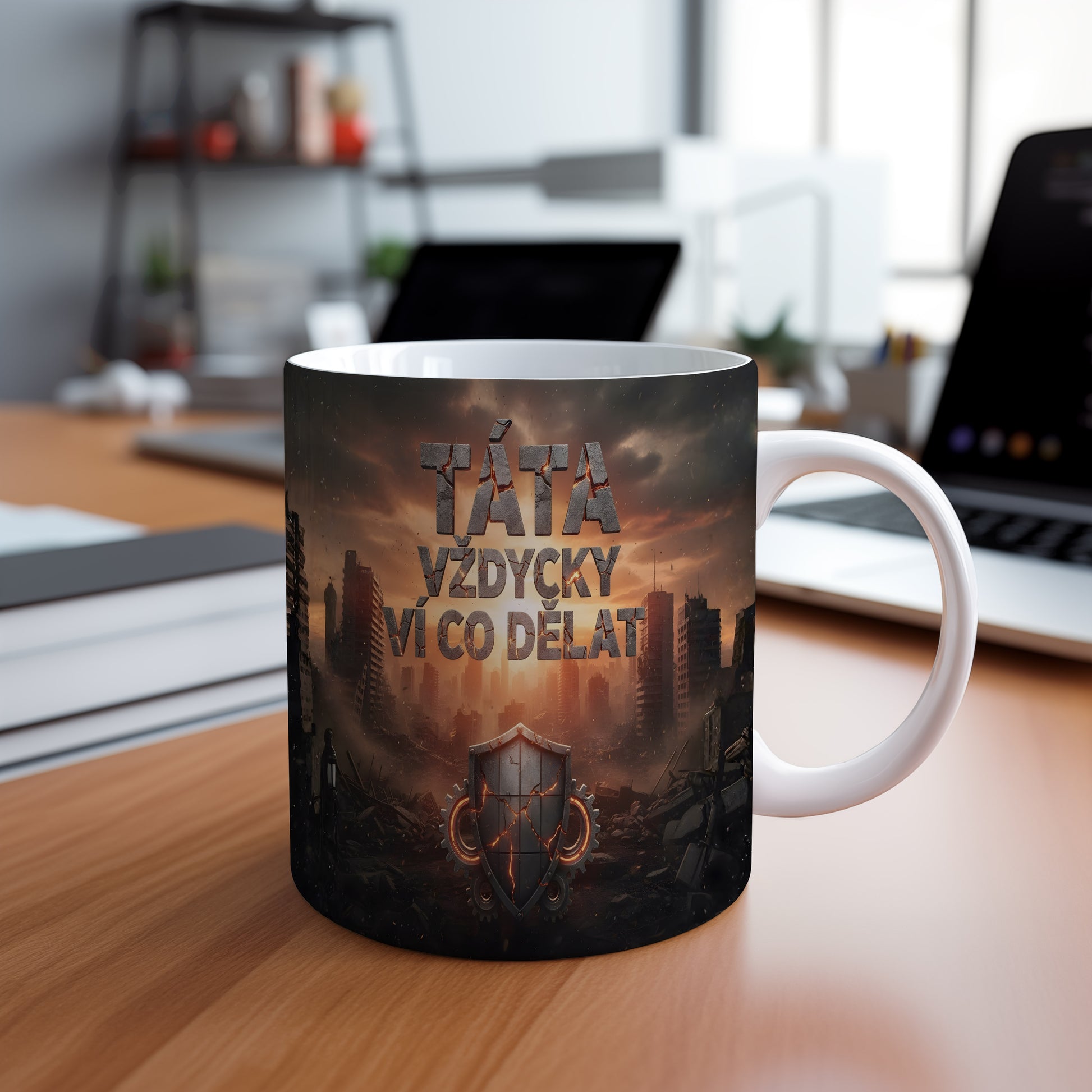 Hrnek s nápisem TÁTA VŽDYCKY VÍ CO DĚLAT a motivem štítu.