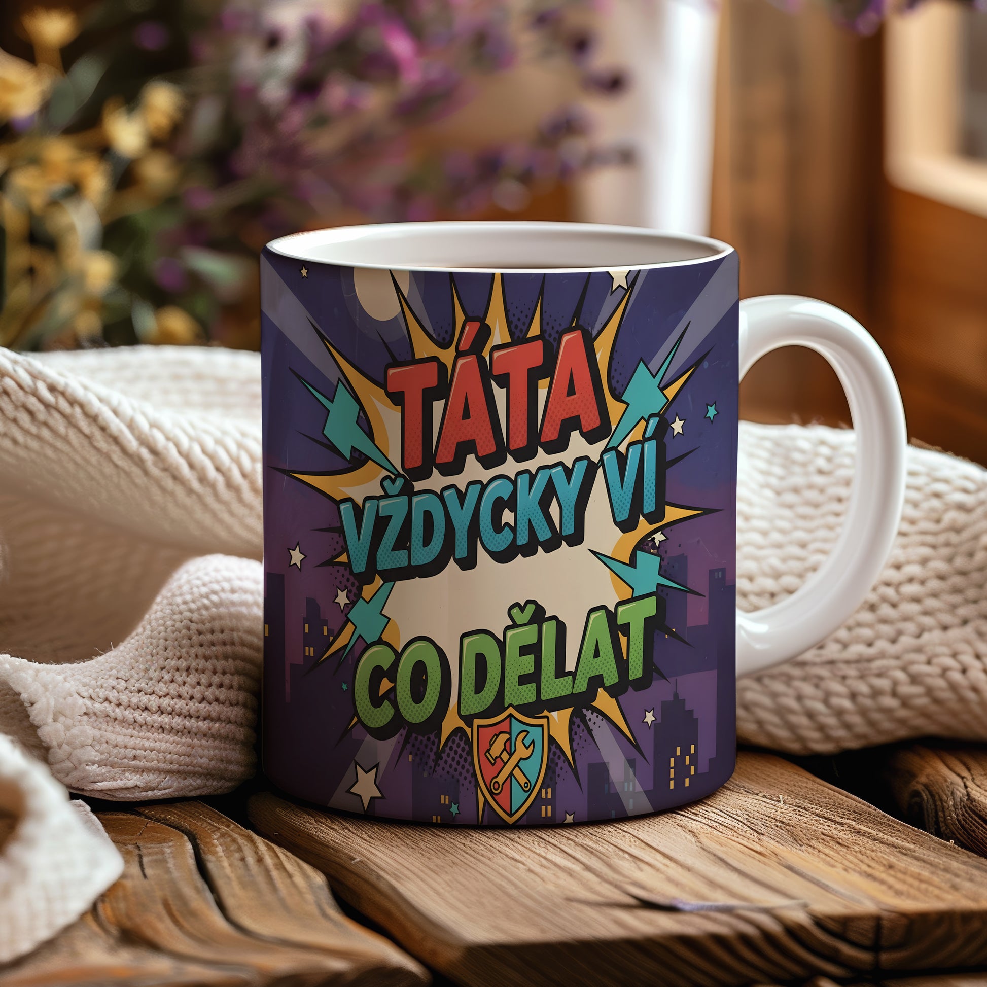 Komiksový hrnek s nápisem 'TÁTA VŽDYCKY VÍ CO DĚLAT' v pestrých barvách.