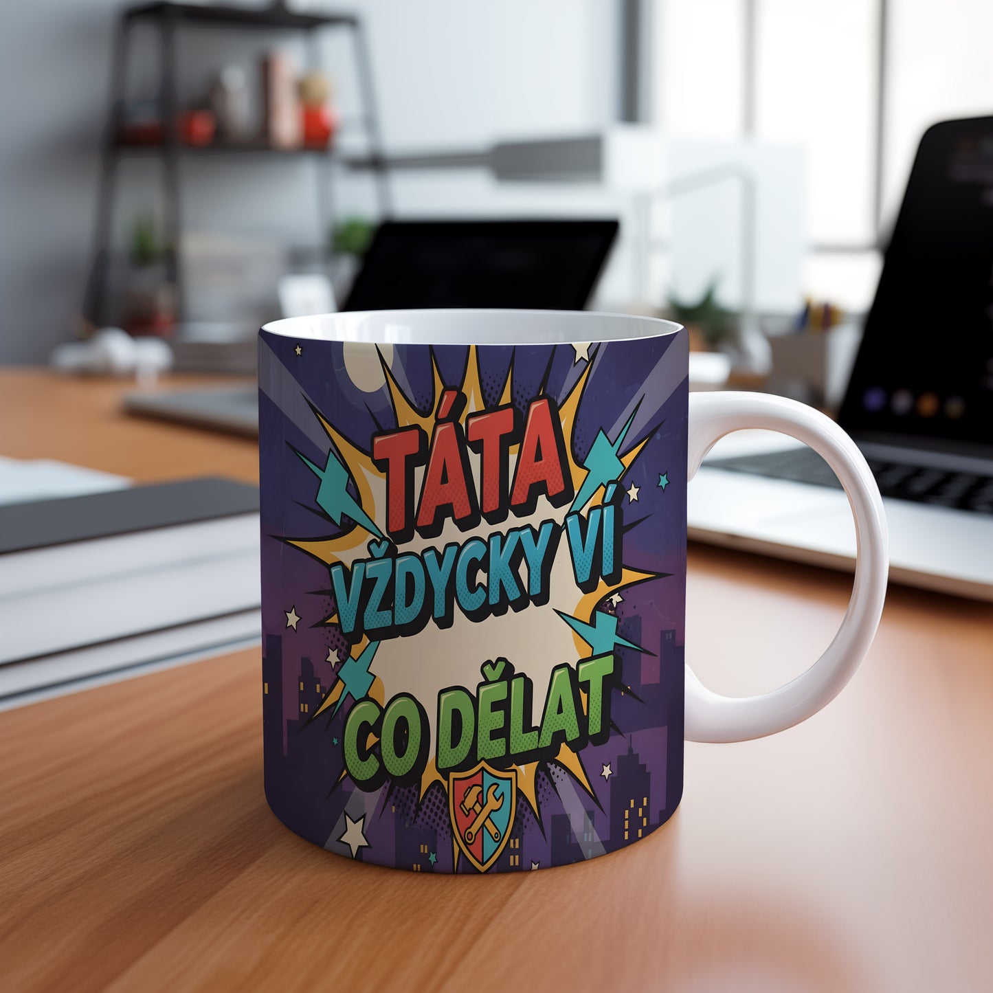 Komiksový hrnek s nápisem 'TÁTA VŽDYCKY VÍ CO DĚLAT' v pestrých barvách.