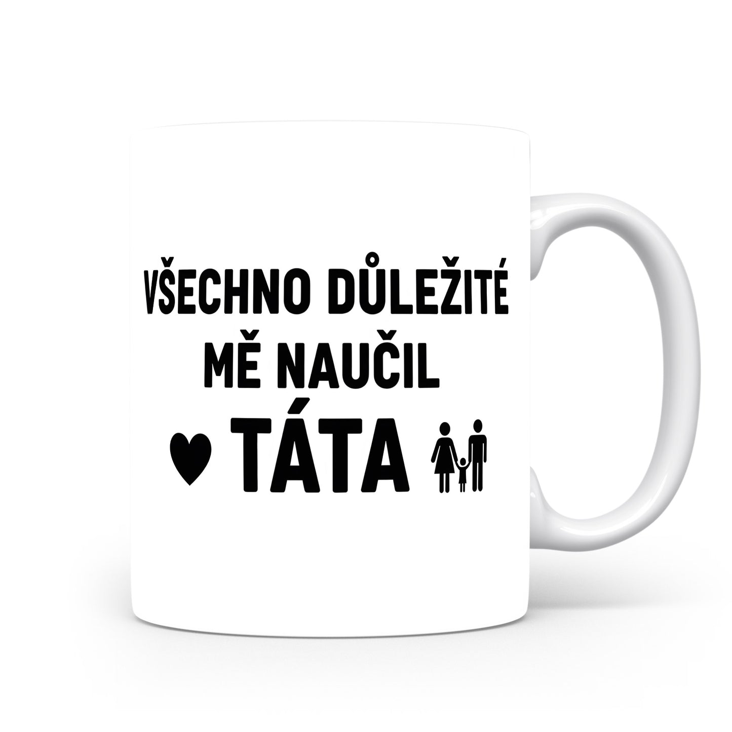 Bílý hrnek s černým textem a symbolem rodiny.