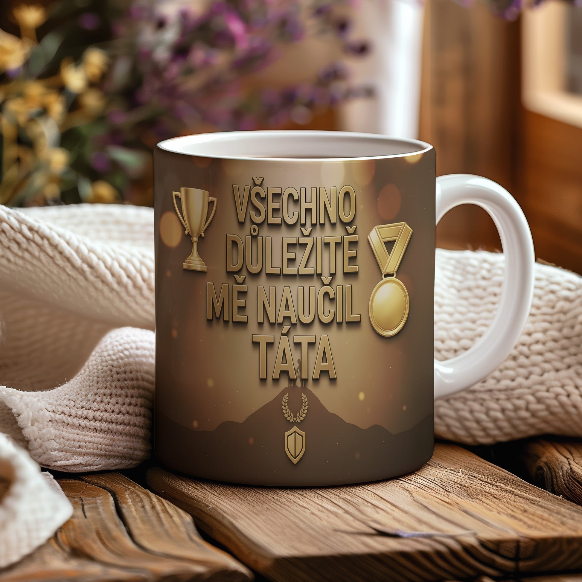 Hrnek se zlatými trofejemi a nápisem VŠECHNO DŮLEŽITÉ MĚ NAUČIL TÁTA.