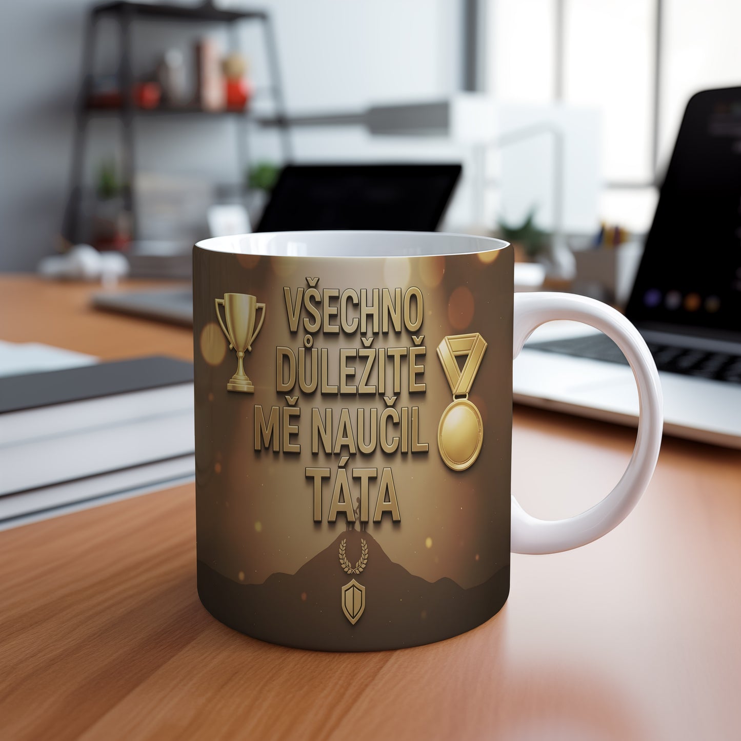 Hrnek se zlatými trofejemi a nápisem VŠECHNO DŮLEŽITÉ MĚ NAUČIL TÁTA.