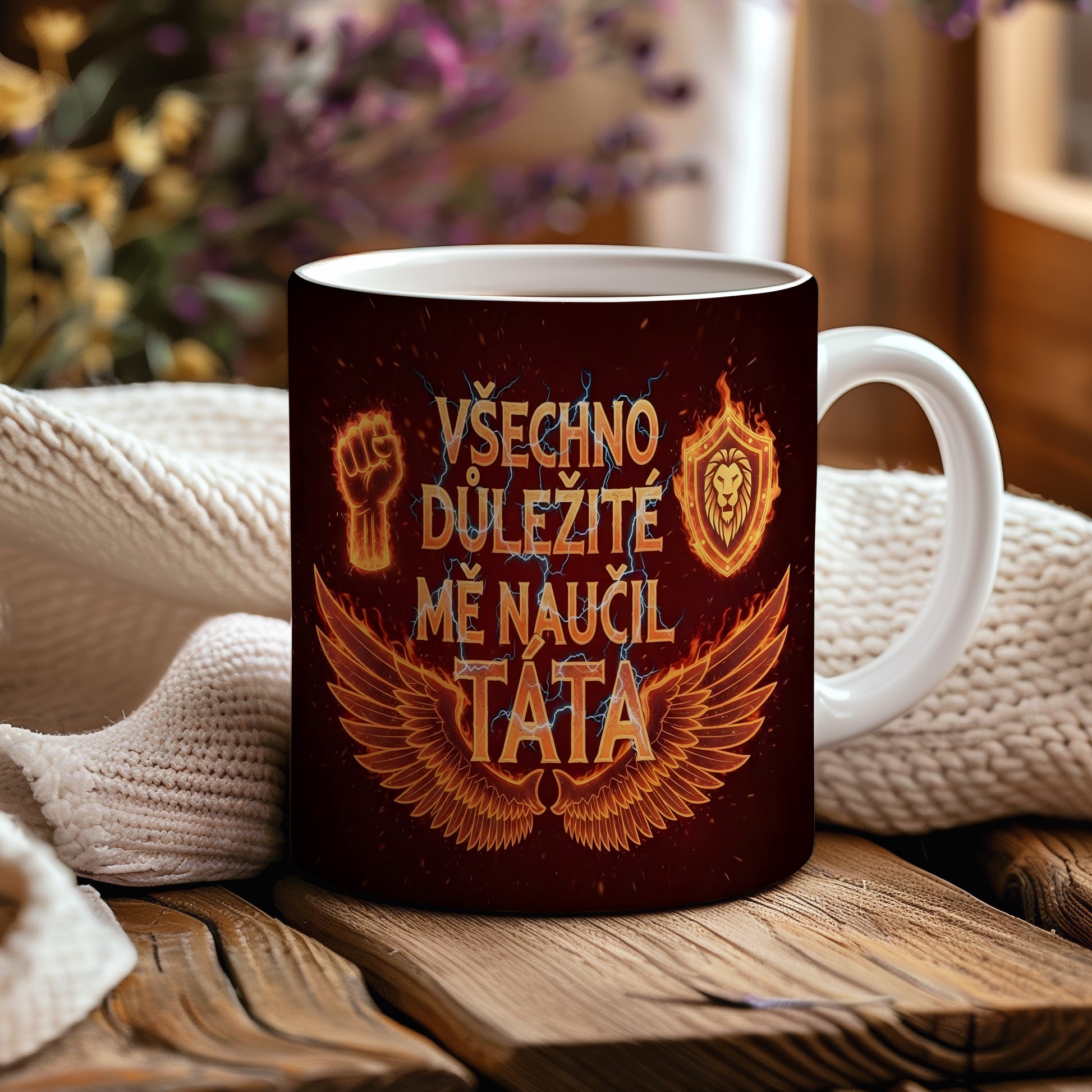 Černý hrnek s oranžovými motivy křídel, pěsti a lva.