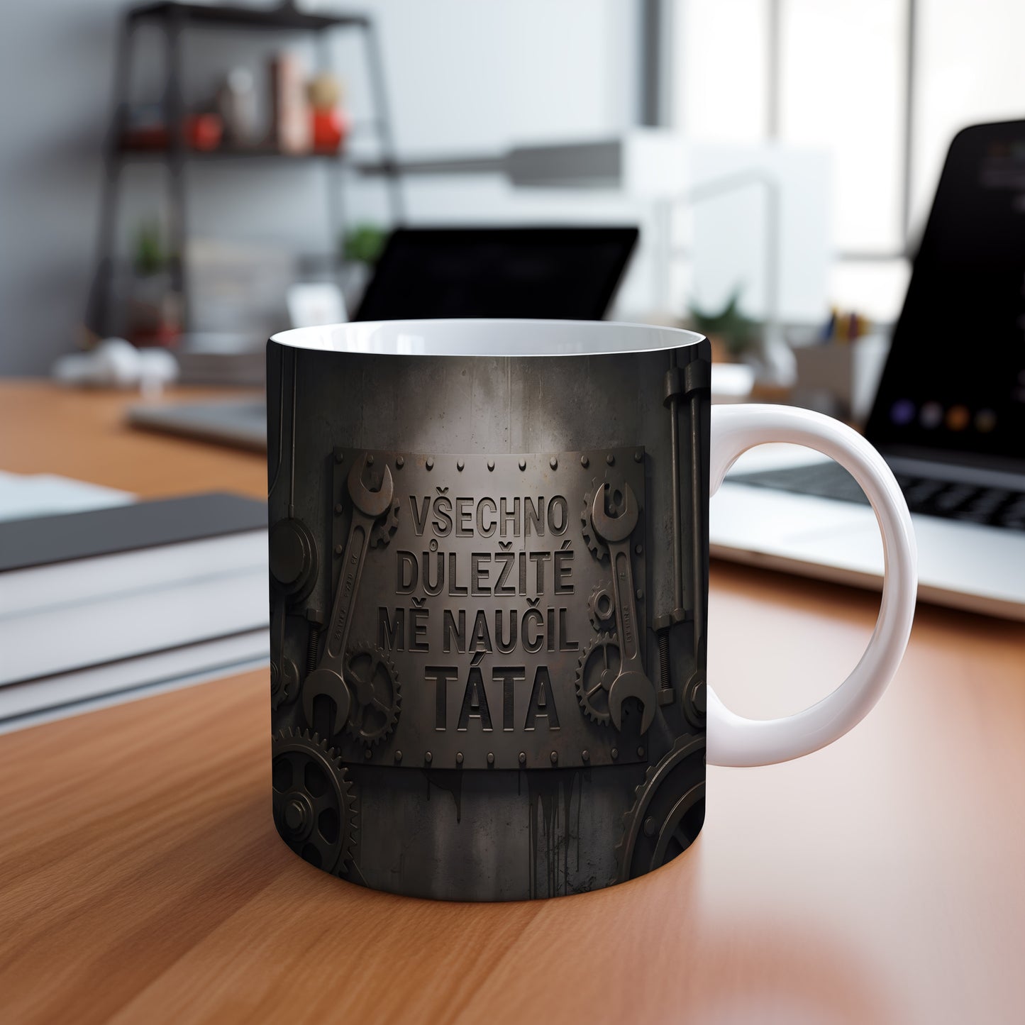 Hrnek s kovovým designem a textem VŠECHNO DŮLEŽITÉ MĚ NAUČIL TÁTA.