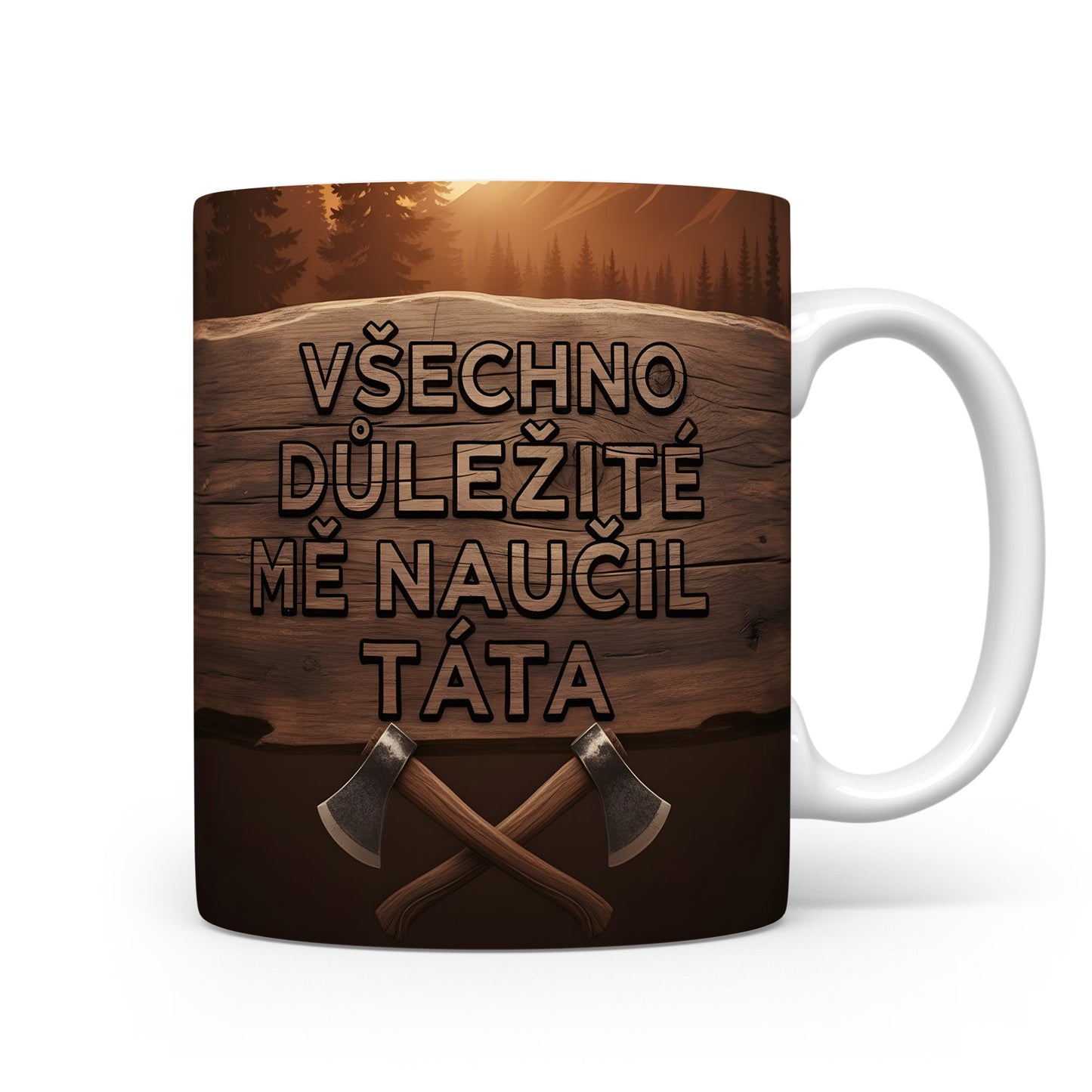 Hrnek s nápisem 'Všechno důležité mě naučil táta' a motivem seker na dřevěném pozadí.