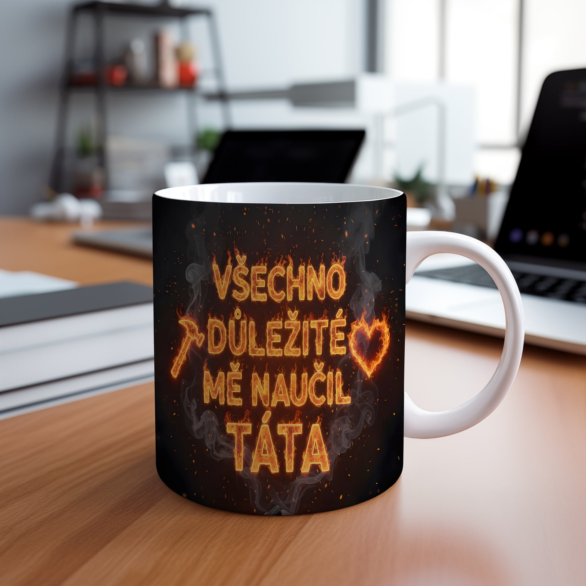 Černý hrnek s plameny a textem 'VŠECHNO DŮLEŽITÉ MĚ NAUČIL TÁTA'.