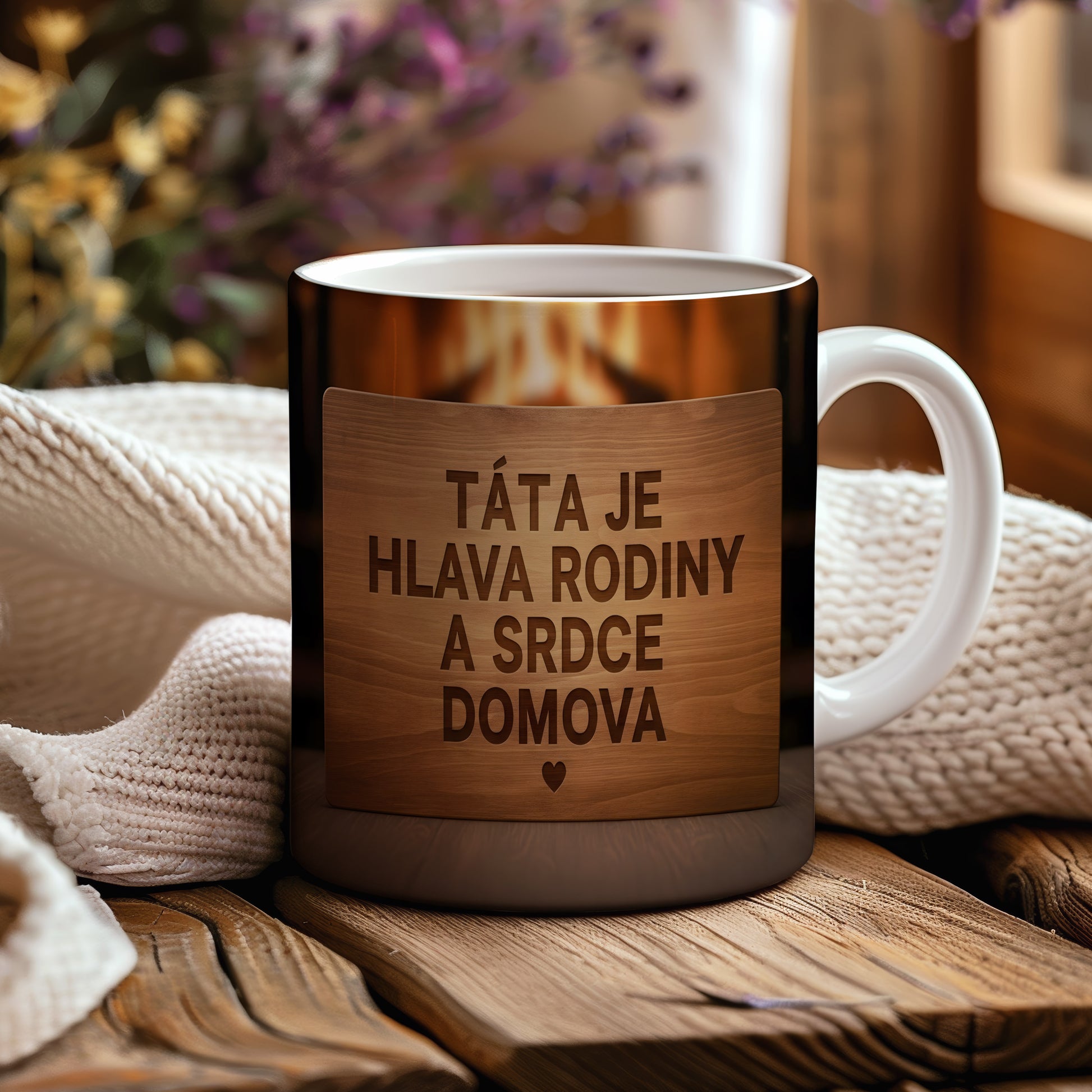 Hrnek s dřevěným designem a textem 'TÁTA JE HLAVA RODINY A SRDCE DOMOVA'.