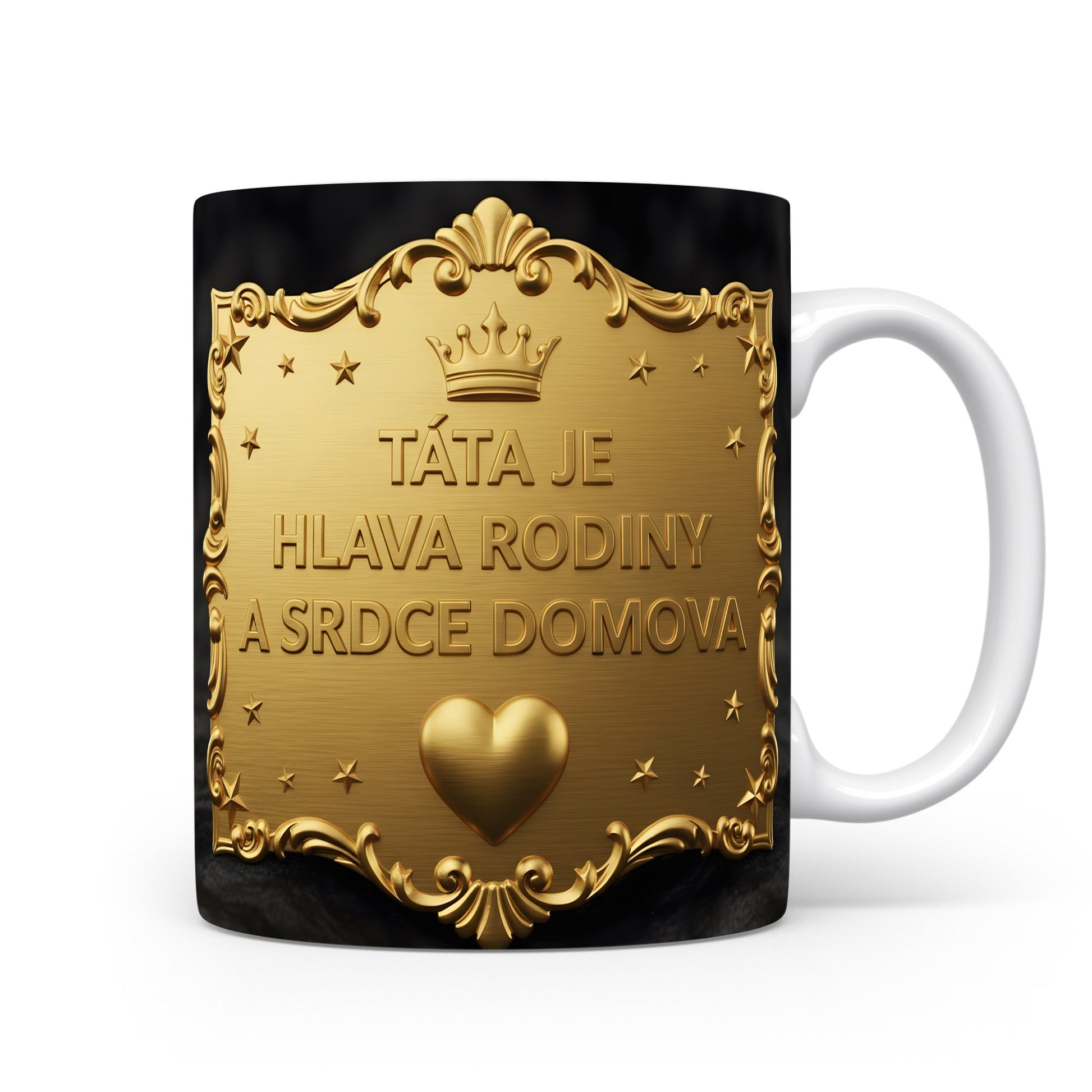 Zlatý hrnek s nápisem a vintage motivy na černém pozadí.