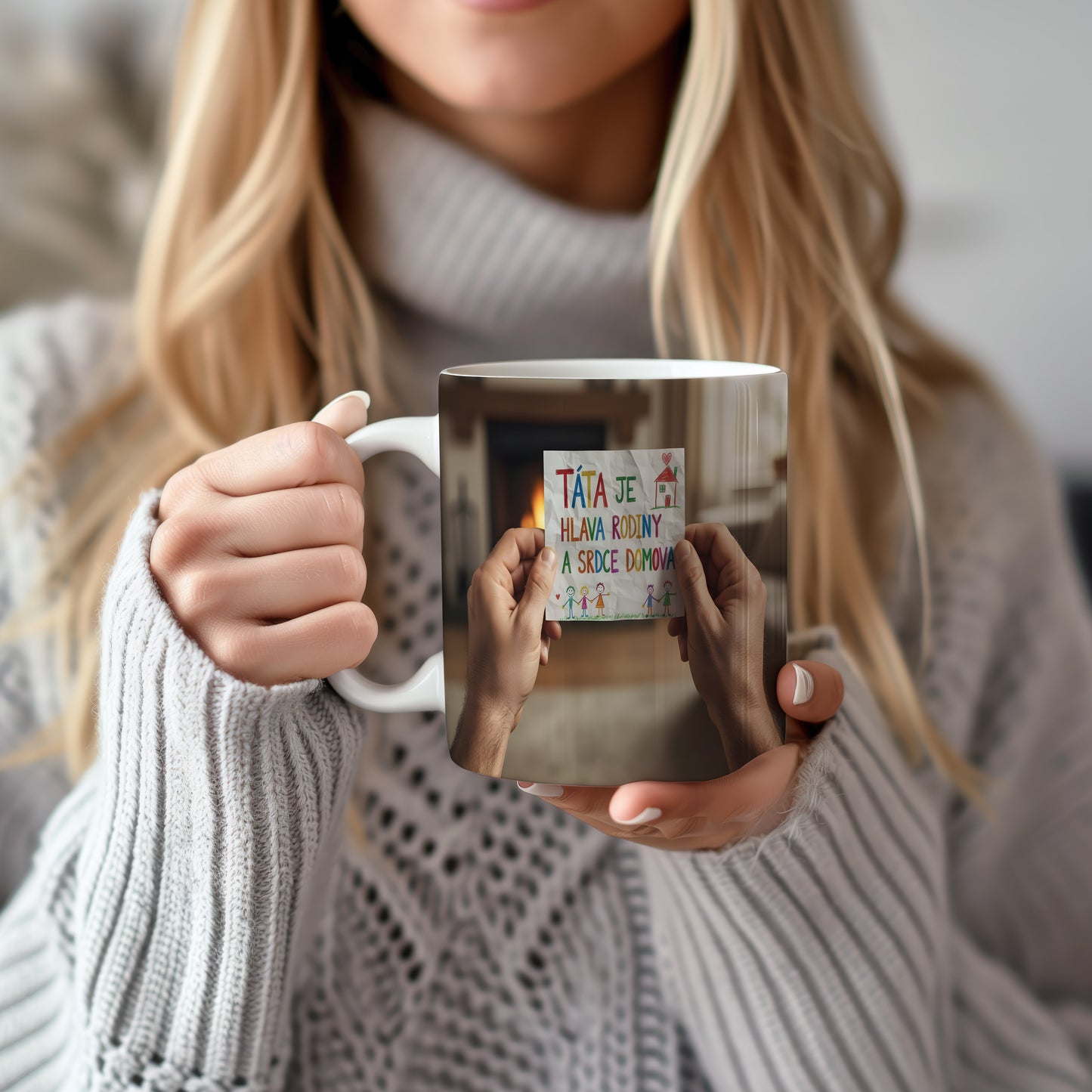 Hrnek s dětskou kresbou a textem 'TÁTA JE HLAVA RODINY A SRDCE DOMOVA'.