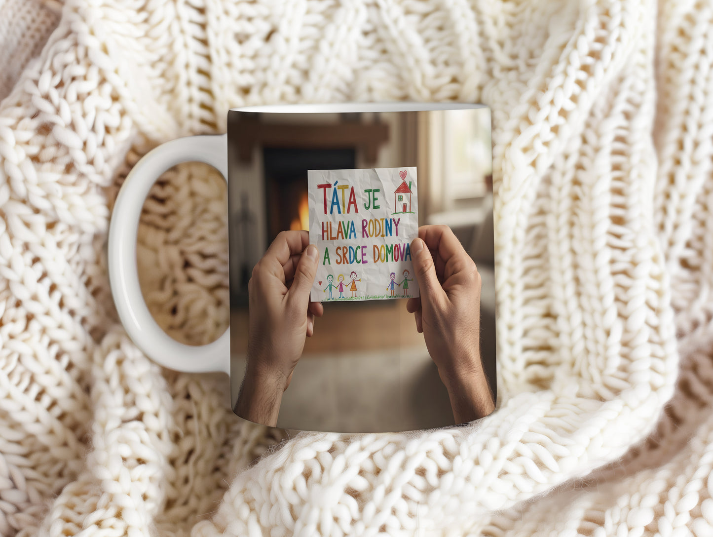 Hrnek s dětskou kresbou a textem 'TÁTA JE HLAVA RODINY A SRDCE DOMOVA'.