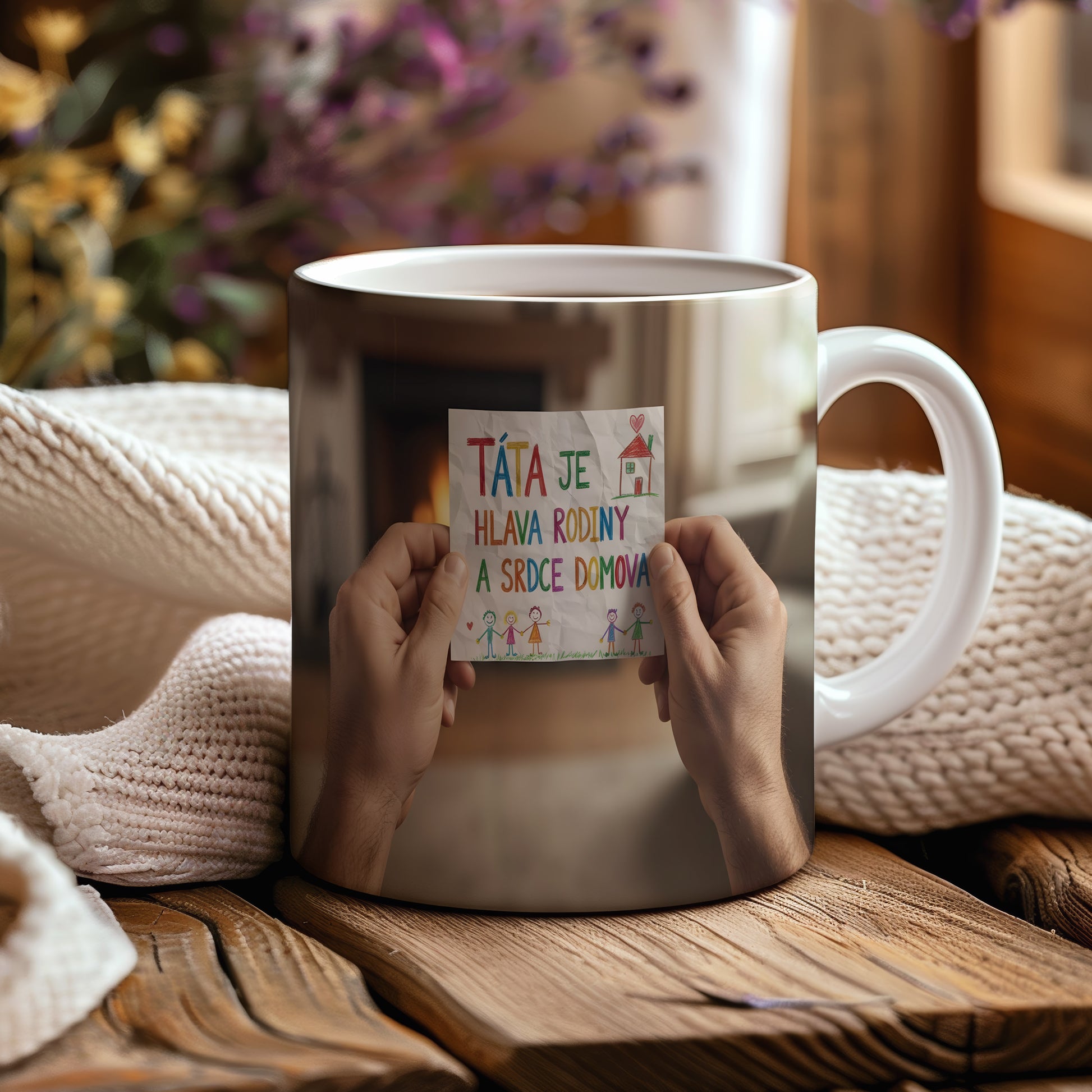 Hrnek s dětskou kresbou a textem 'TÁTA JE HLAVA RODINY A SRDCE DOMOVA'.