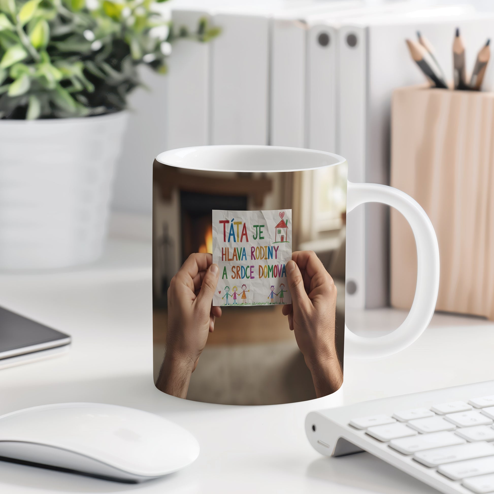 Hrnek s dětskou kresbou a textem 'TÁTA JE HLAVA RODINY A SRDCE DOMOVA'.