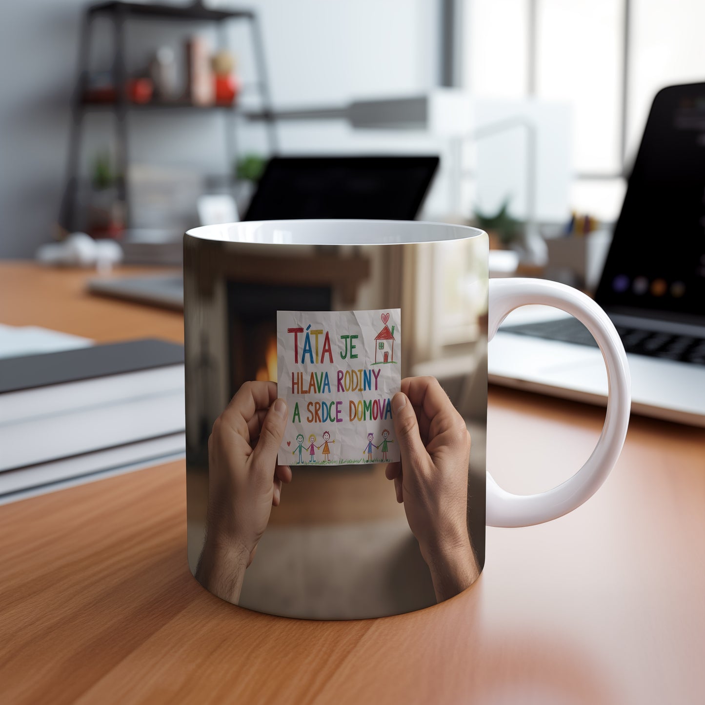 Hrnek s dětskou kresbou a textem 'TÁTA JE HLAVA RODINY A SRDCE DOMOVA'.