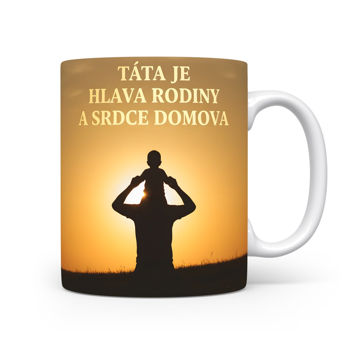 Hrnek s motivem otce a dítěte v západu slunce.