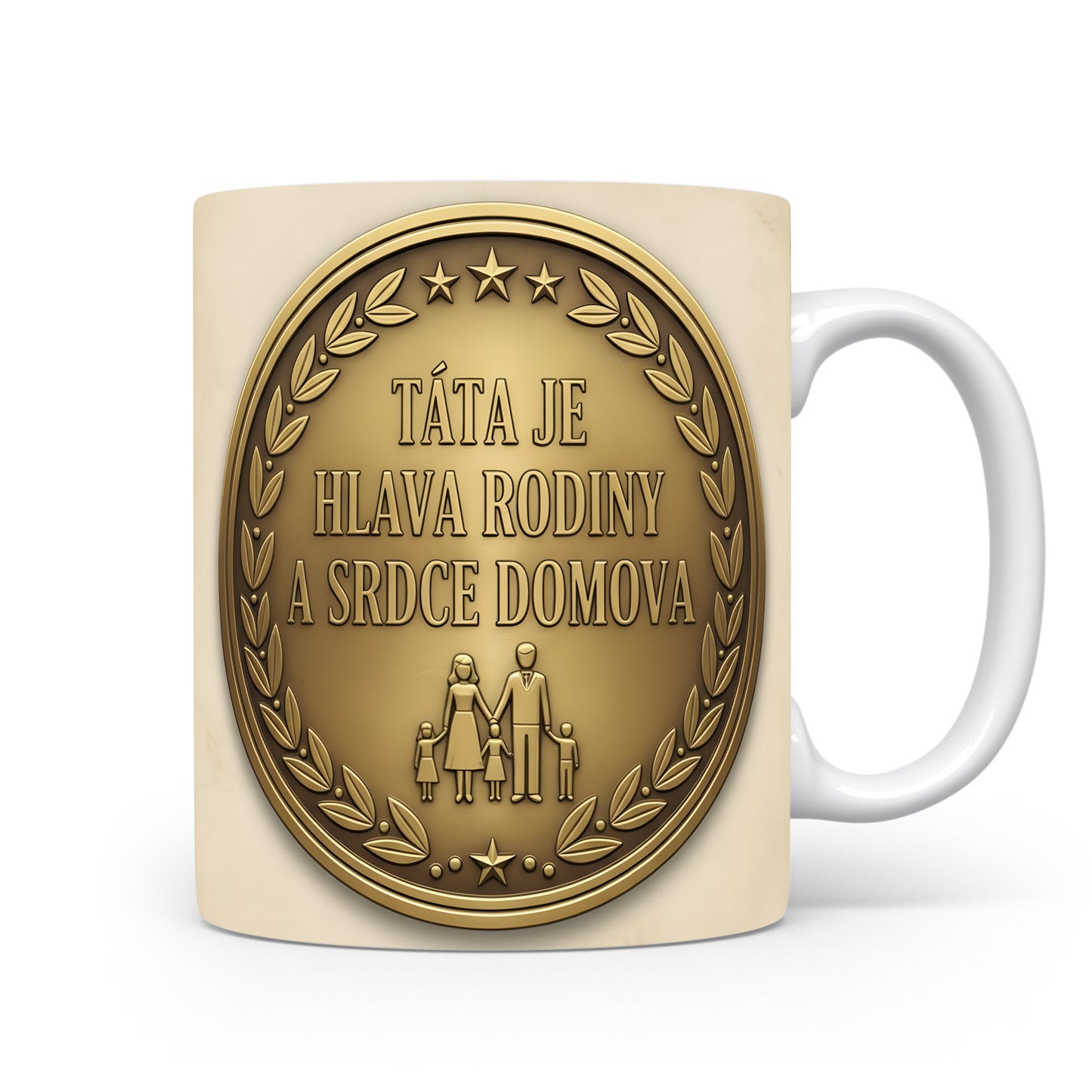 Hrnek s motivem zlaté medaile a nápisem TÁTA JE HLAVA RODINY A SRDCE DOMOVA.