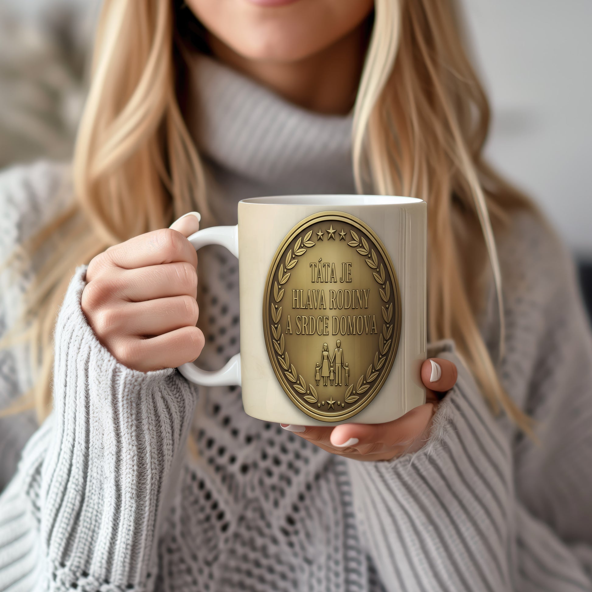 Hrnek s motivem zlaté medaile a nápisem TÁTA JE HLAVA RODINY A SRDCE DOMOVA.