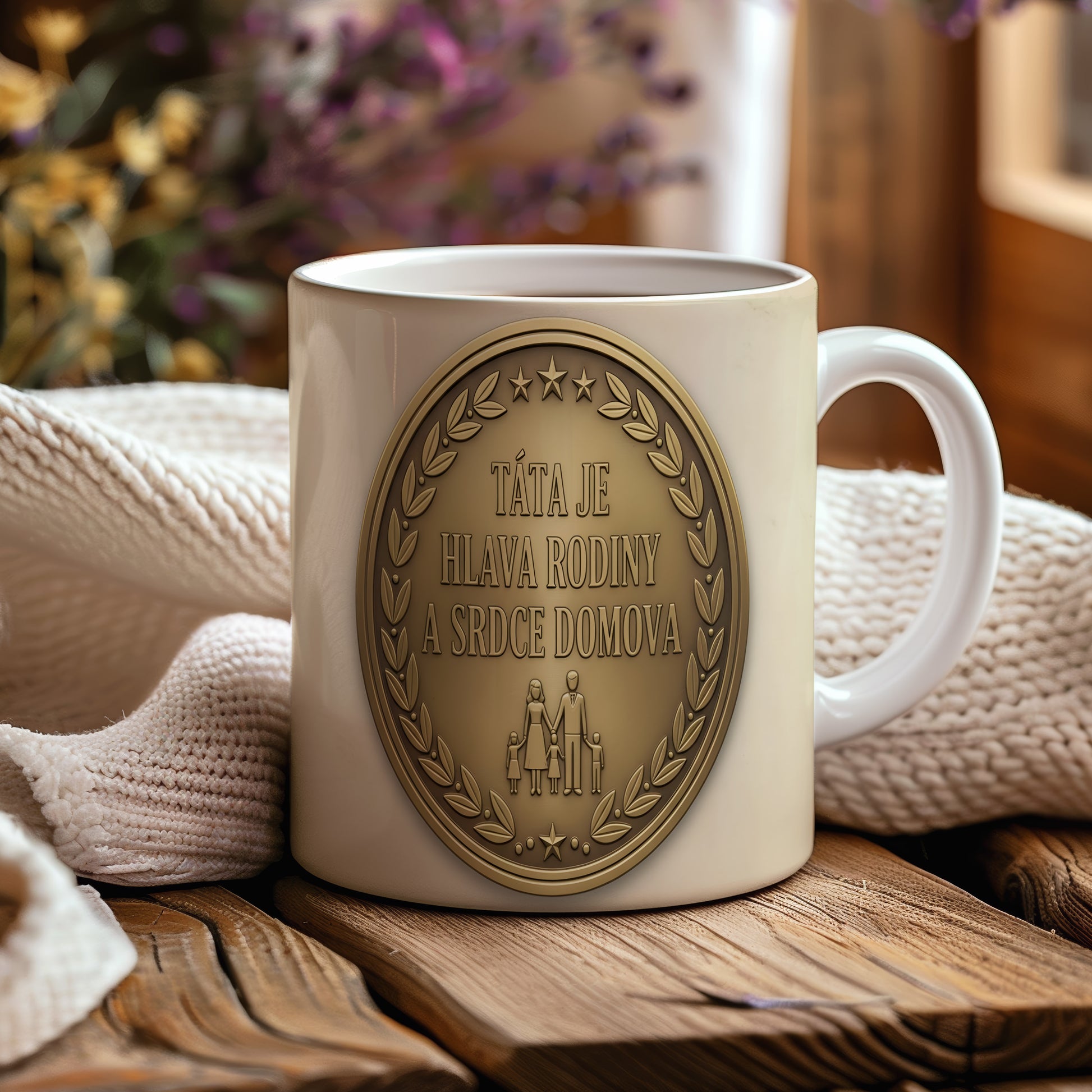 Hrnek s motivem zlaté medaile a nápisem TÁTA JE HLAVA RODINY A SRDCE DOMOVA.