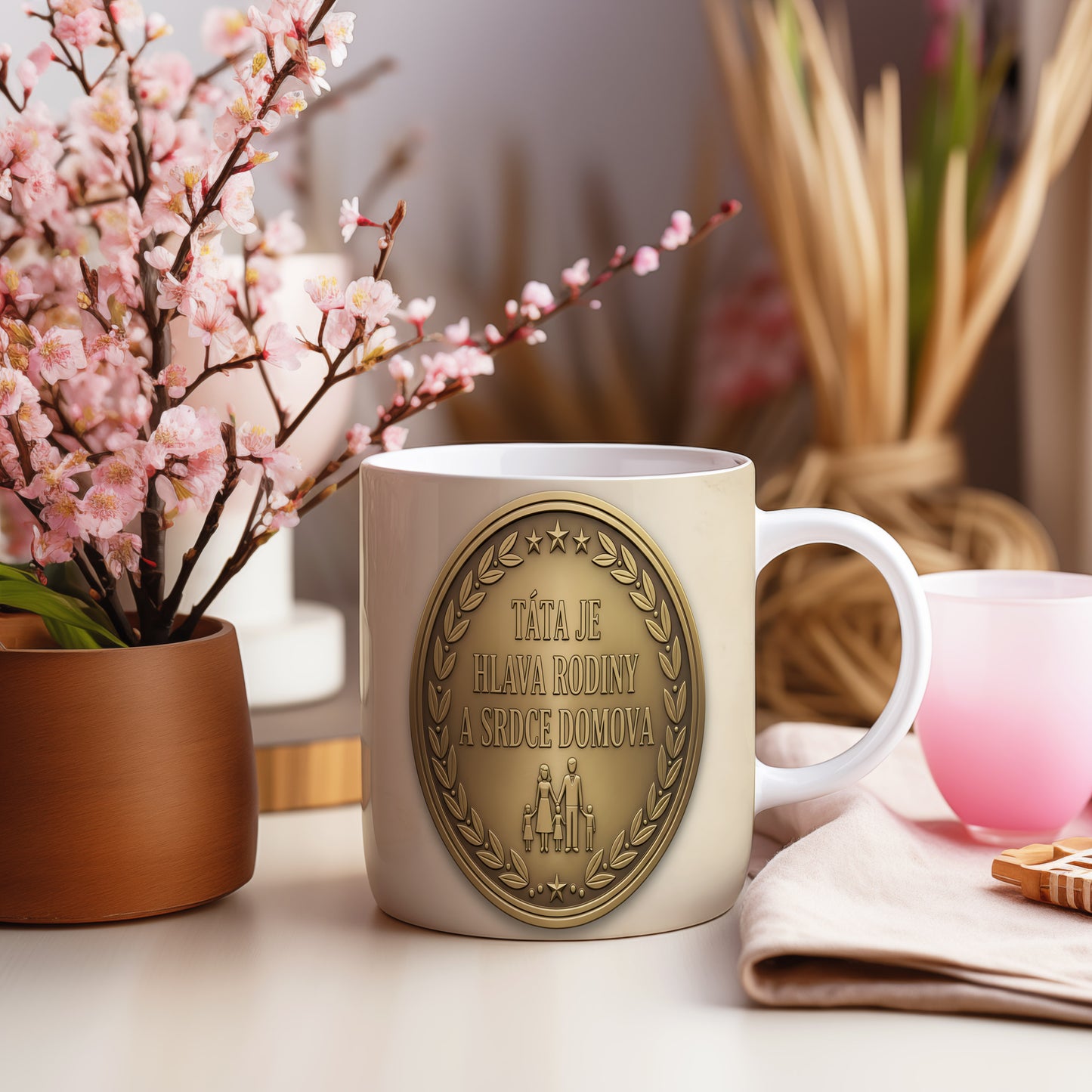 Hrnek s motivem zlaté medaile a nápisem TÁTA JE HLAVA RODINY A SRDCE DOMOVA.