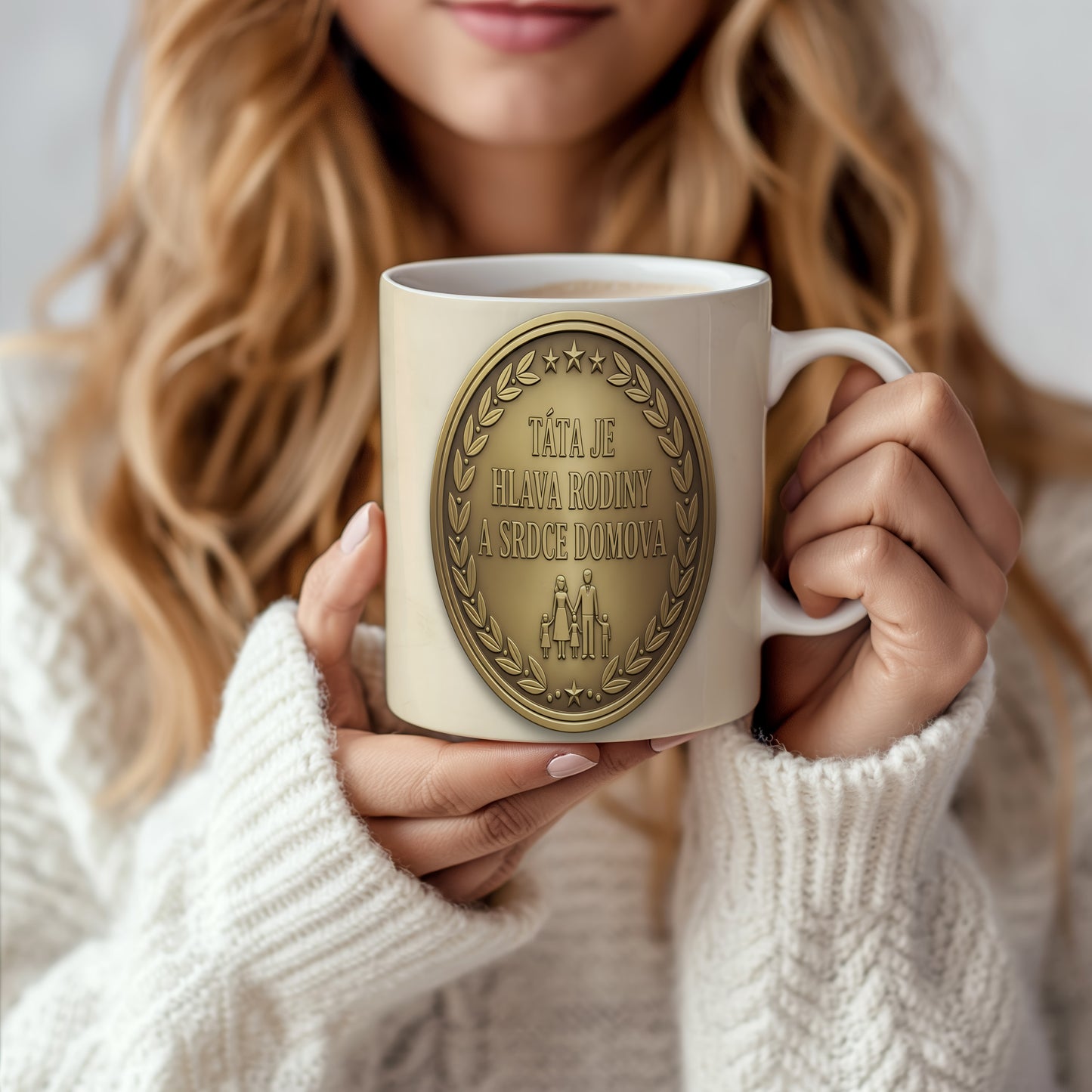 Hrnek s motivem zlaté medaile a nápisem TÁTA JE HLAVA RODINY A SRDCE DOMOVA.