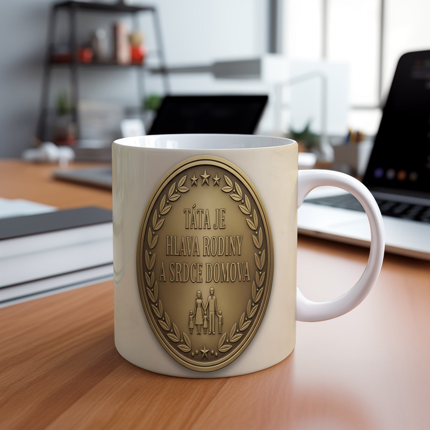 Hrnek s motivem zlaté medaile a nápisem TÁTA JE HLAVA RODINY A SRDCE DOMOVA.