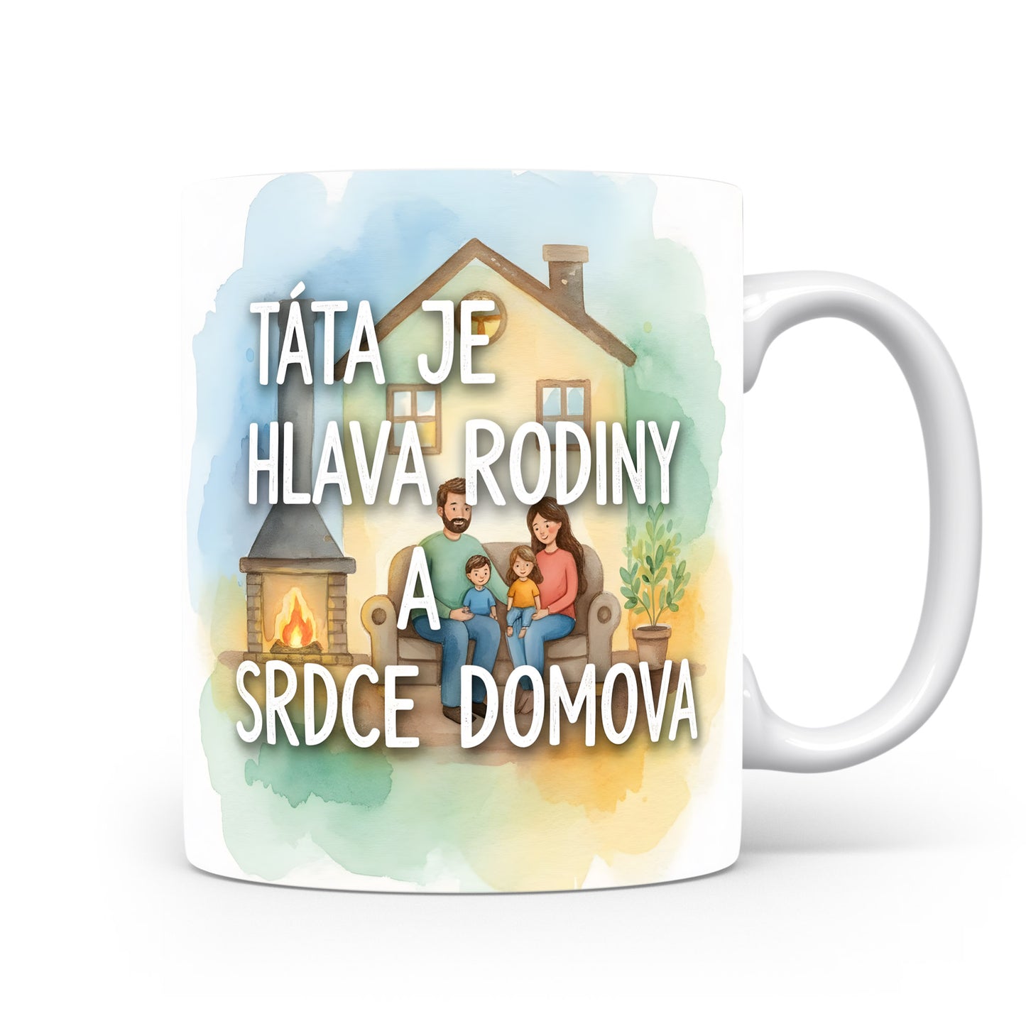 Hrnek s akvarelovým motivem rodiny u krbu a textem 'TÁTA JE HLAVA RODINY A SRDCE DOMOVA'.