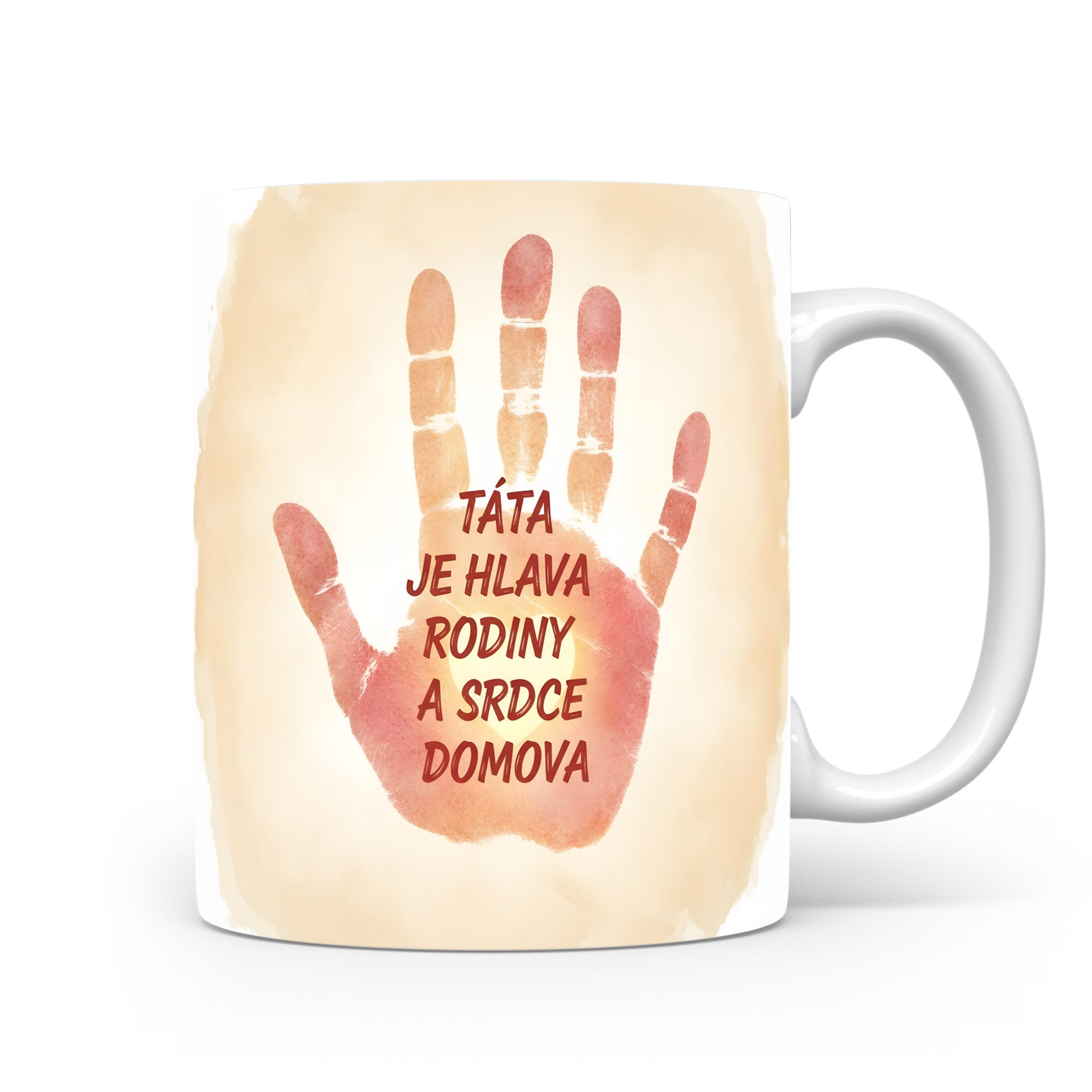 Hrnek s béžovým akvarelem a červeným otiskem ruky.
