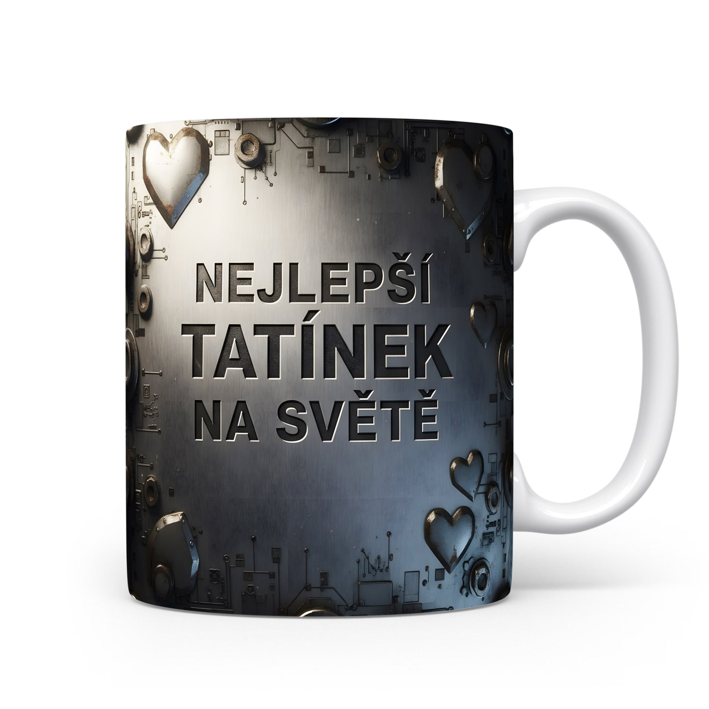 Hrnek s nápisem 'NEJLEPŠÍ TATÍNEK NA SVĚTĚ' v industriálním stylu.