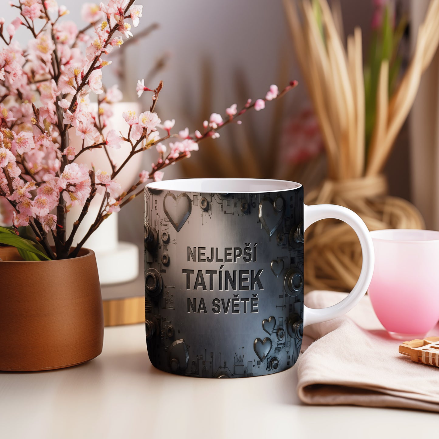Hrnek s nápisem 'NEJLEPŠÍ TATÍNEK NA SVĚTĚ' v industriálním stylu.