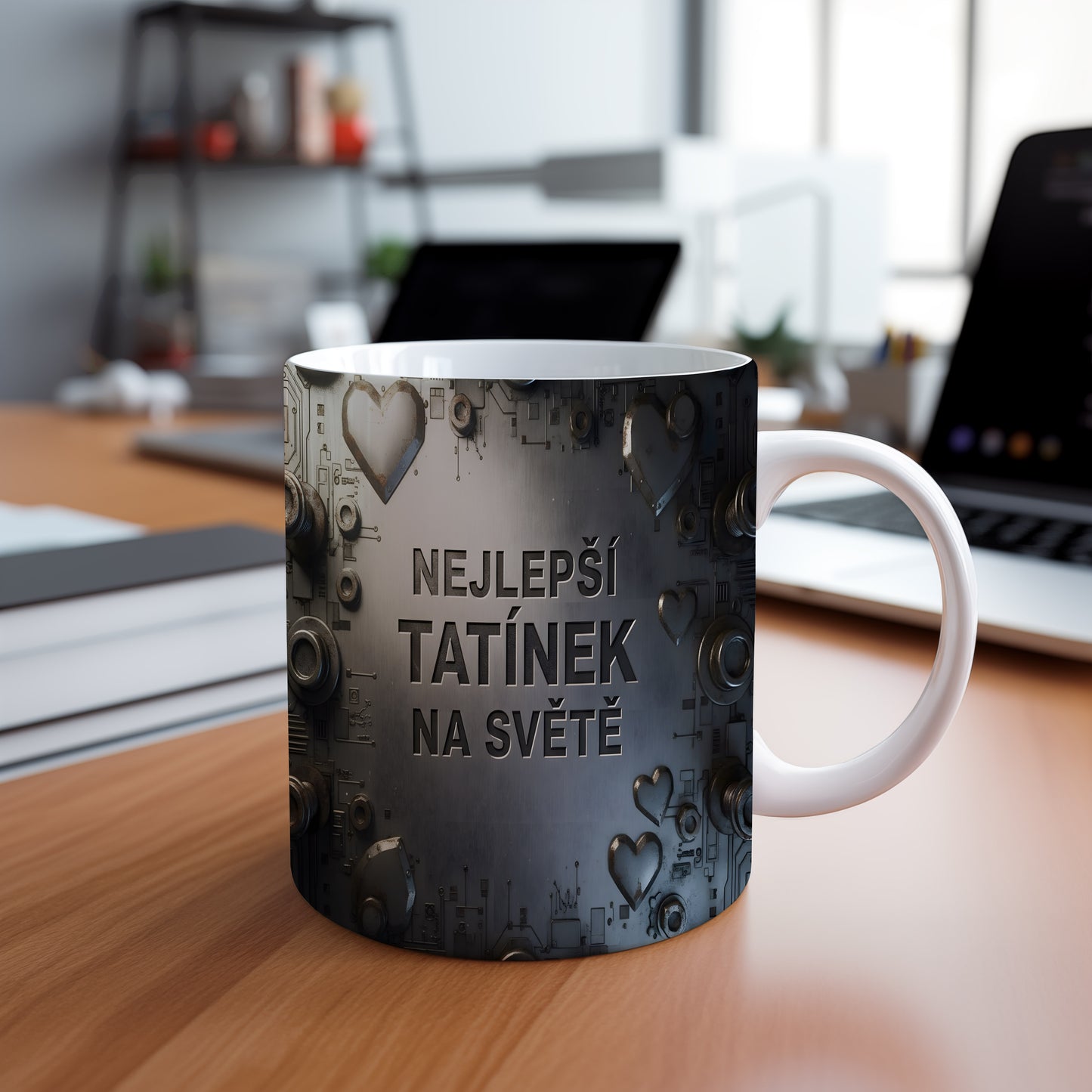 Hrnek s nápisem 'NEJLEPŠÍ TATÍNEK NA SVĚTĚ' v industriálním stylu.