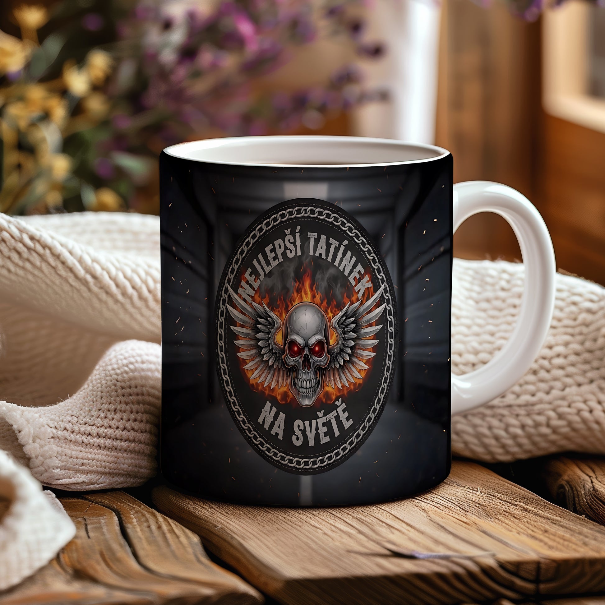 Hrnek s motivem lebky, křídel a plamenů.