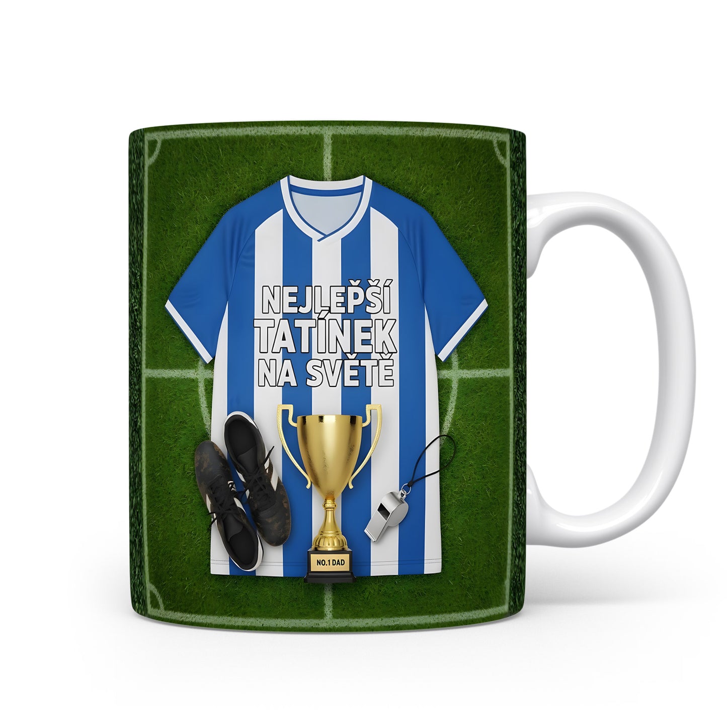 Hrnek s fotbalovým motivem, dres, trofej a nápis NEJLEPŠÍ TATÍNEK NA SVĚTĚ.