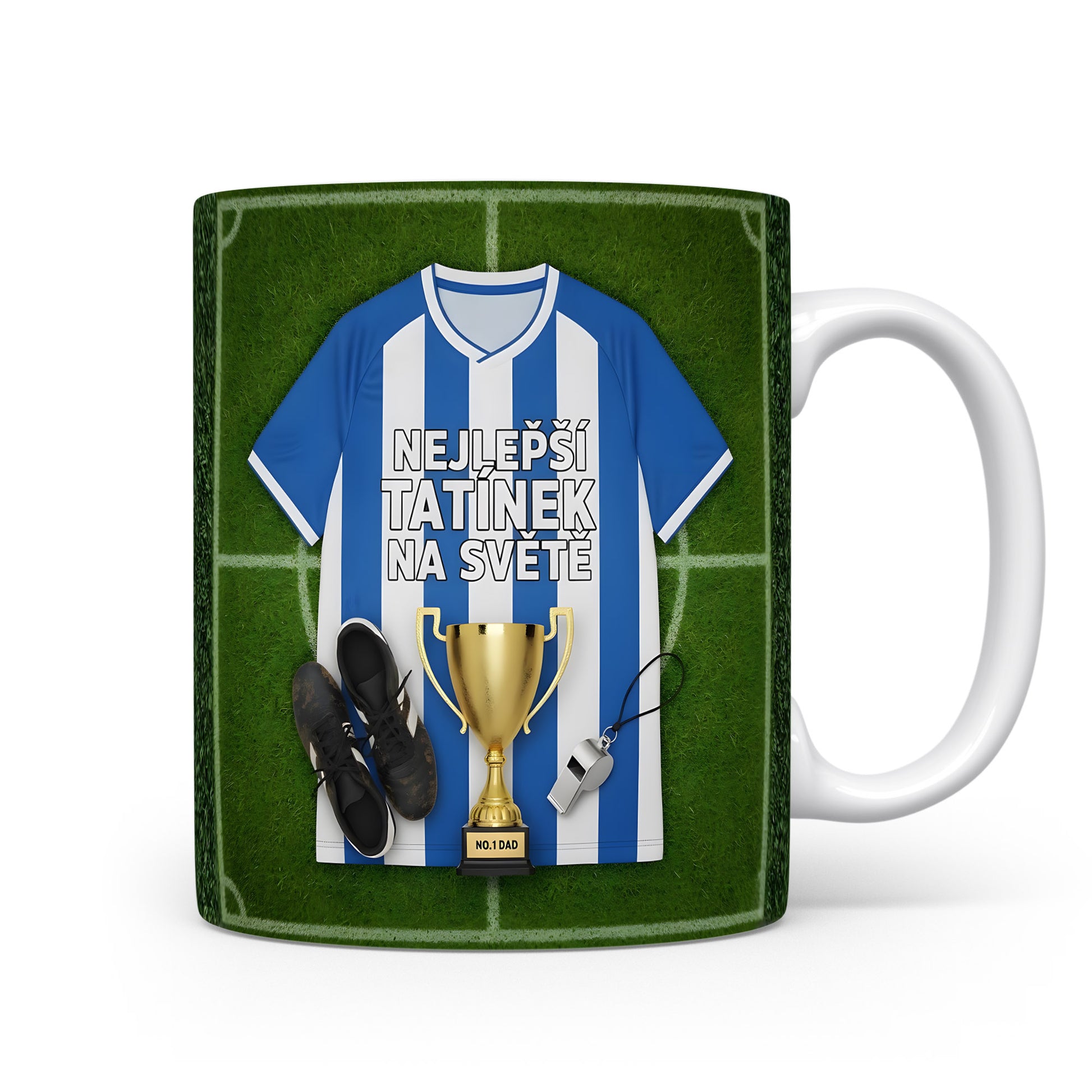 Hrnek s fotbalovým motivem, dres, trofej a nápis NEJLEPŠÍ TATÍNEK NA SVĚTĚ.