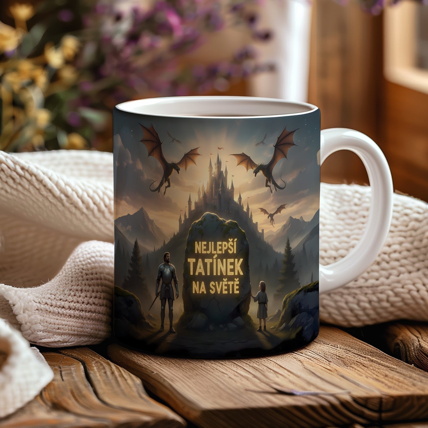 Hrnek s nápisem 'NEJLEPŠÍ TATÍNEK NA SVĚTĚ' s motivem hradu a draků.