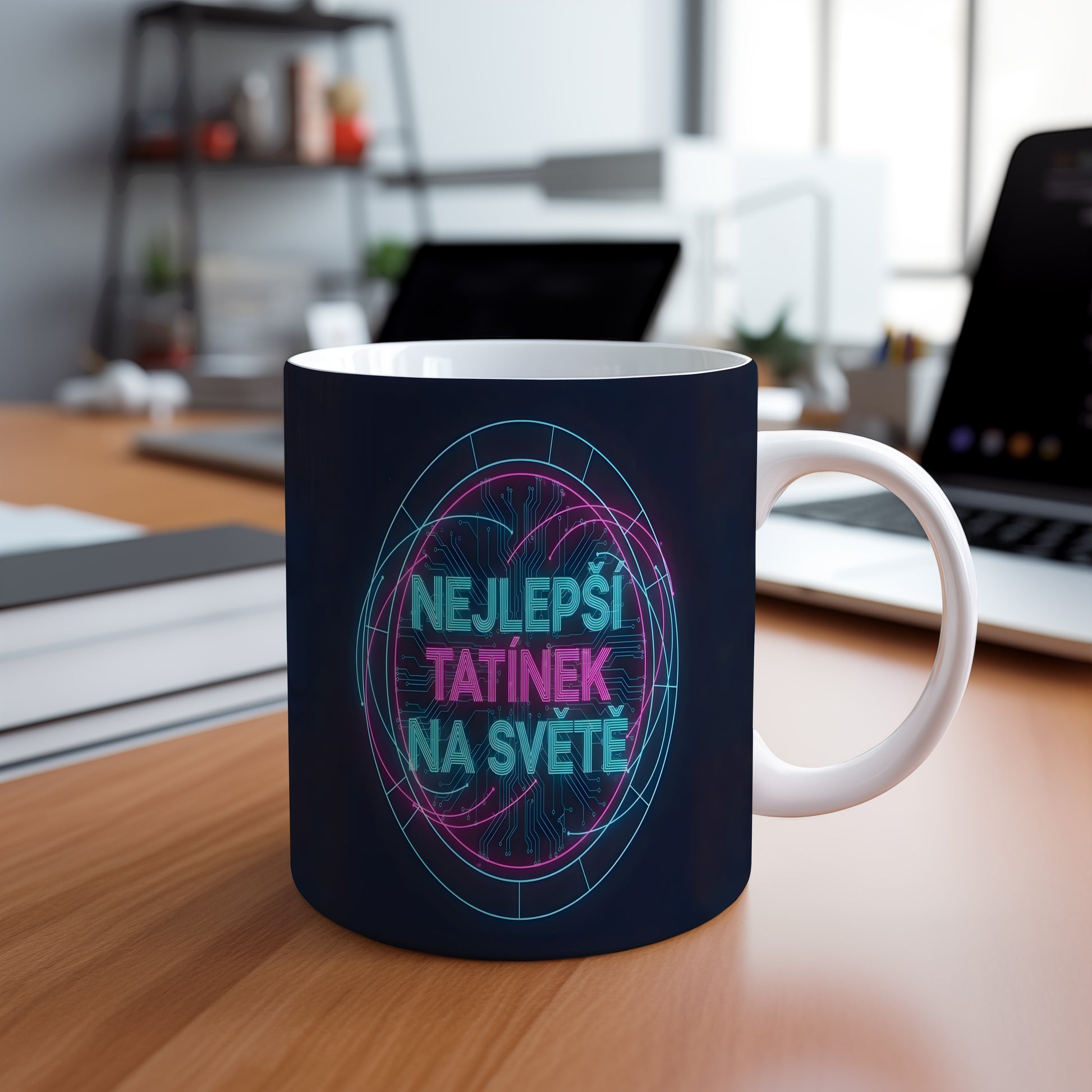 Hrnek s nápisem NEJLEPŠÍ TATÍNEK NA SVĚTĚ v moderním stylu.