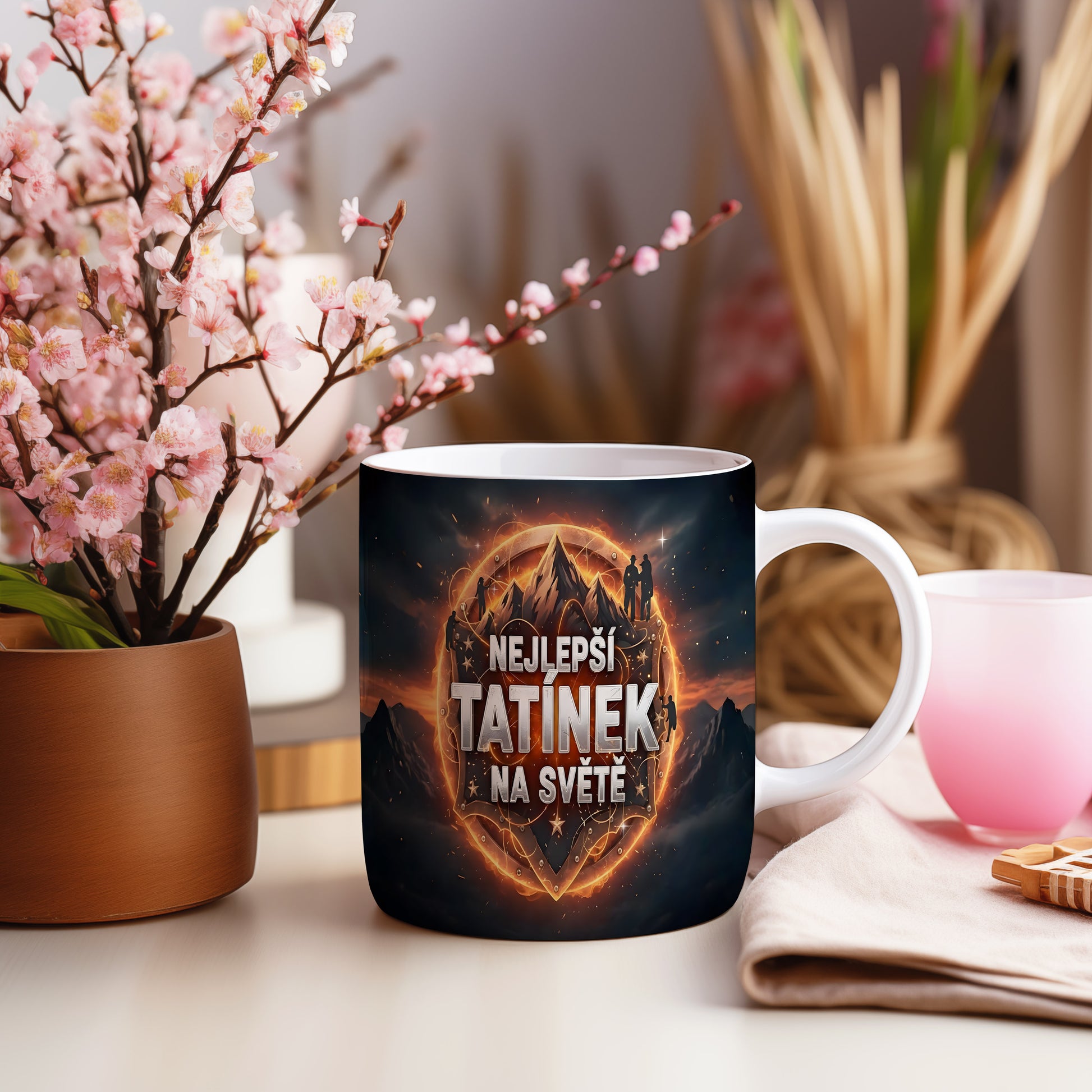 Hrnek s nápisem NEJLEPŠÍ TATÍNEK NA SVĚTĚ a horským motivem.