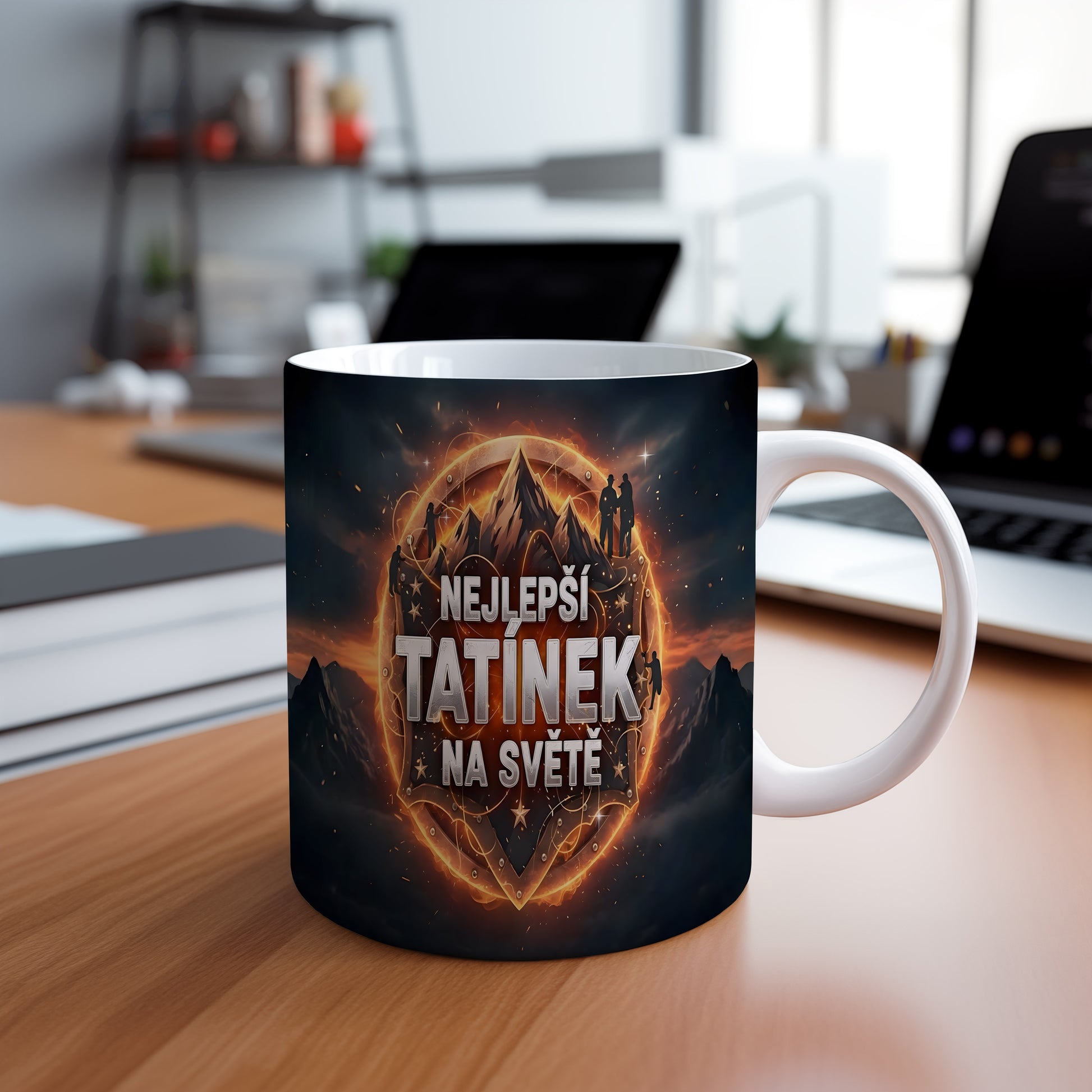 Hrnek s nápisem NEJLEPŠÍ TATÍNEK NA SVĚTĚ a horským motivem.