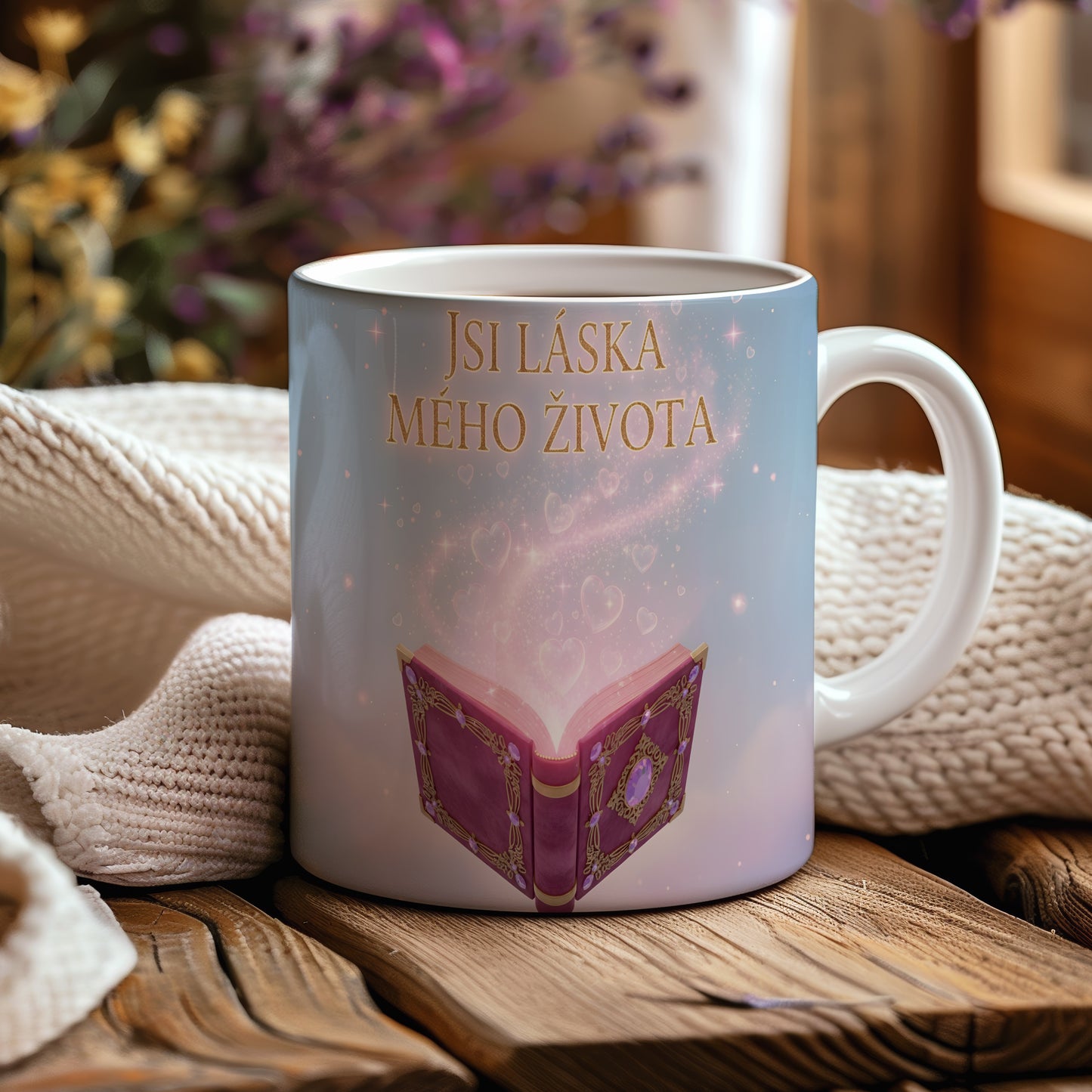 Romantický hrnek s nápisem JSI LÁSKA MÉHO ŽIVOTA a srdíčky.