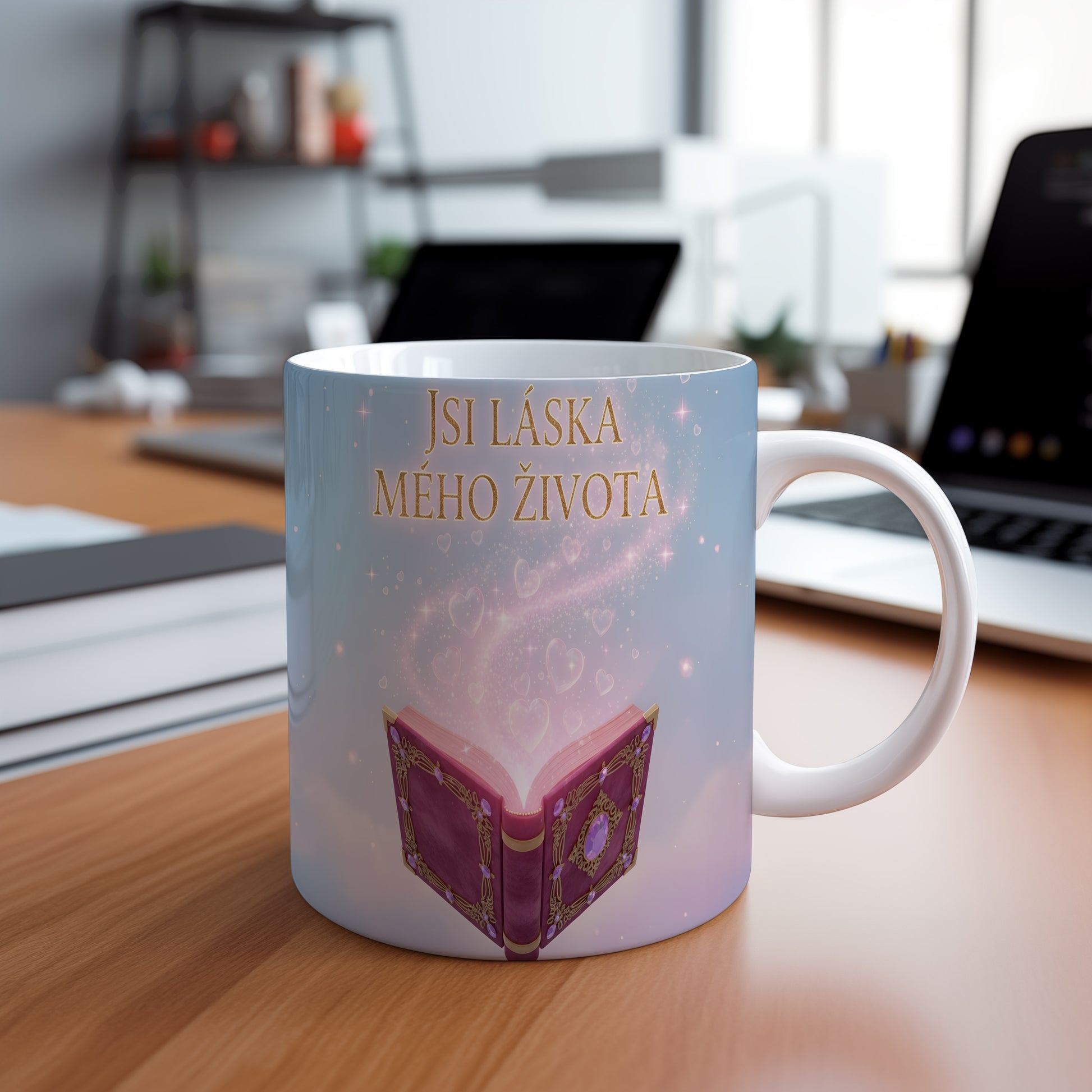 Romantický hrnek s nápisem JSI LÁSKA MÉHO ŽIVOTA a srdíčky.