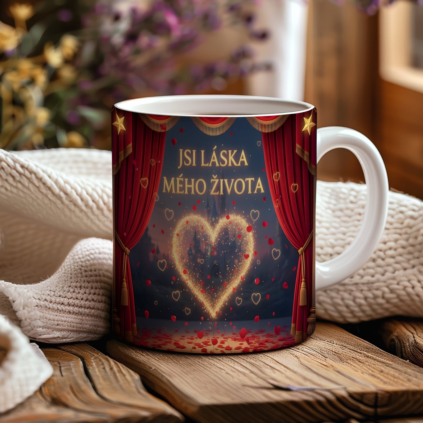 Romantický hrnek s červenou oponou a zlatým srdcem.