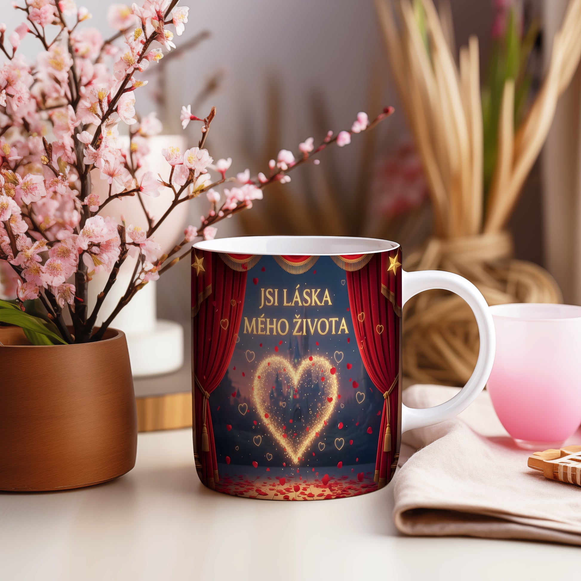 Romantický hrnek s červenou oponou a zlatým srdcem.