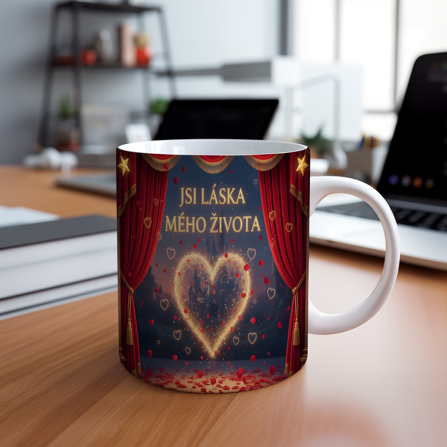 Romantický hrnek s červenou oponou a zlatým srdcem.