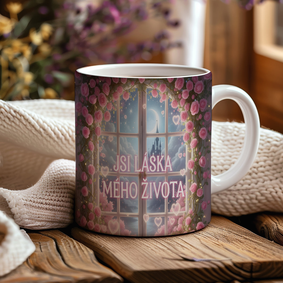 Romantický hrnek s růžemi, srdci a pohádkovým hradem.