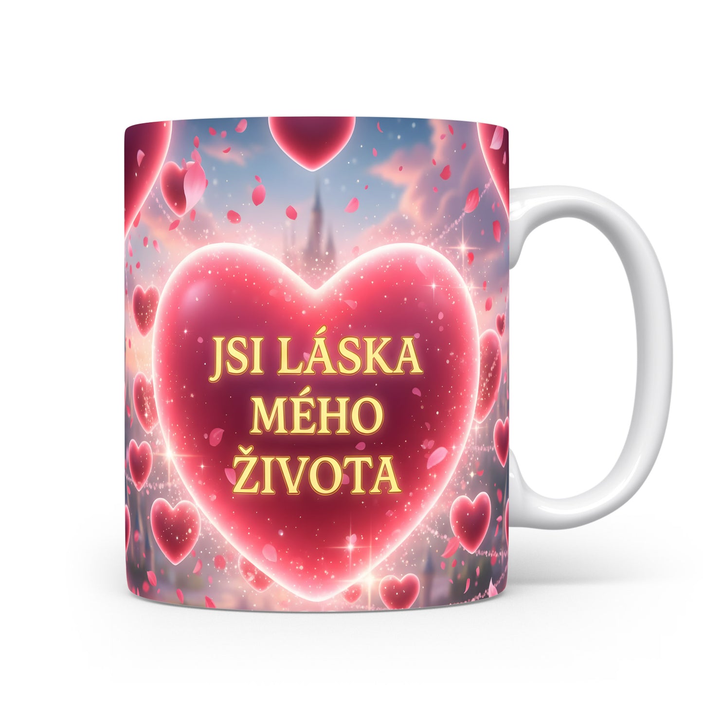 Hrnek s romantickým motivem srdce a textem JSI LÁSKA MÉHO ŽIVOTA.