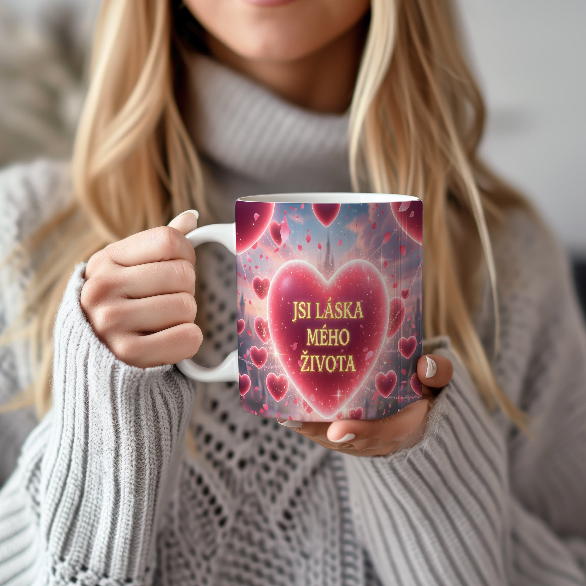 Hrnek s romantickým motivem srdce a textem JSI LÁSKA MÉHO ŽIVOTA.