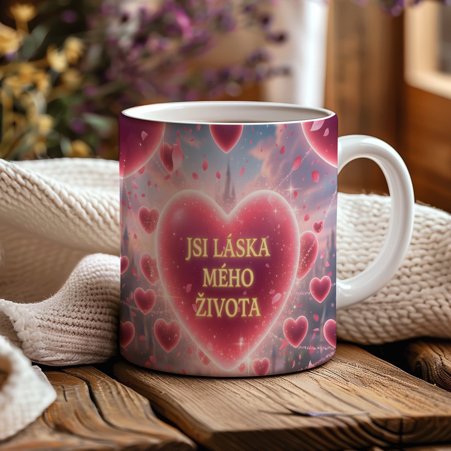 Hrnek s romantickým motivem srdce a textem JSI LÁSKA MÉHO ŽIVOTA.