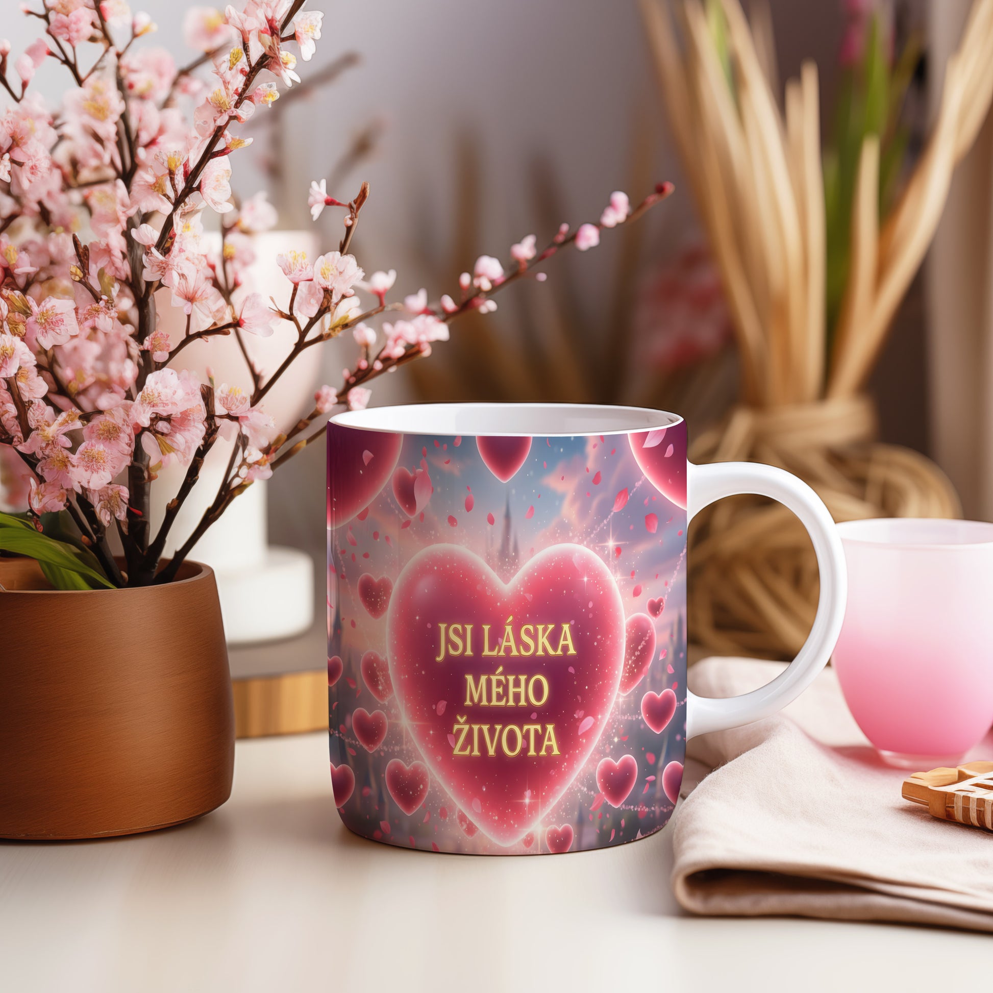 Hrnek s romantickým motivem srdce a textem JSI LÁSKA MÉHO ŽIVOTA.