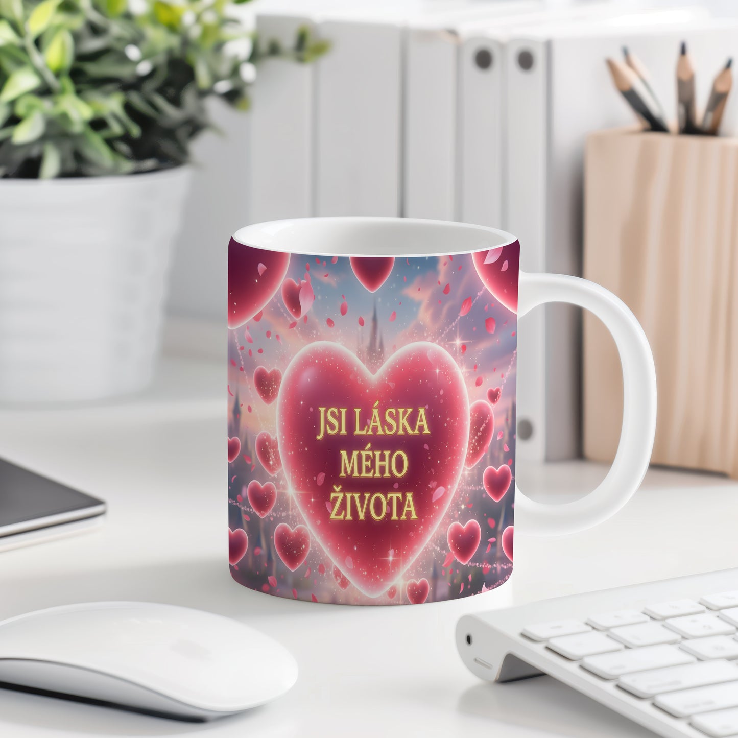 Hrnek s romantickým motivem srdce a textem JSI LÁSKA MÉHO ŽIVOTA.