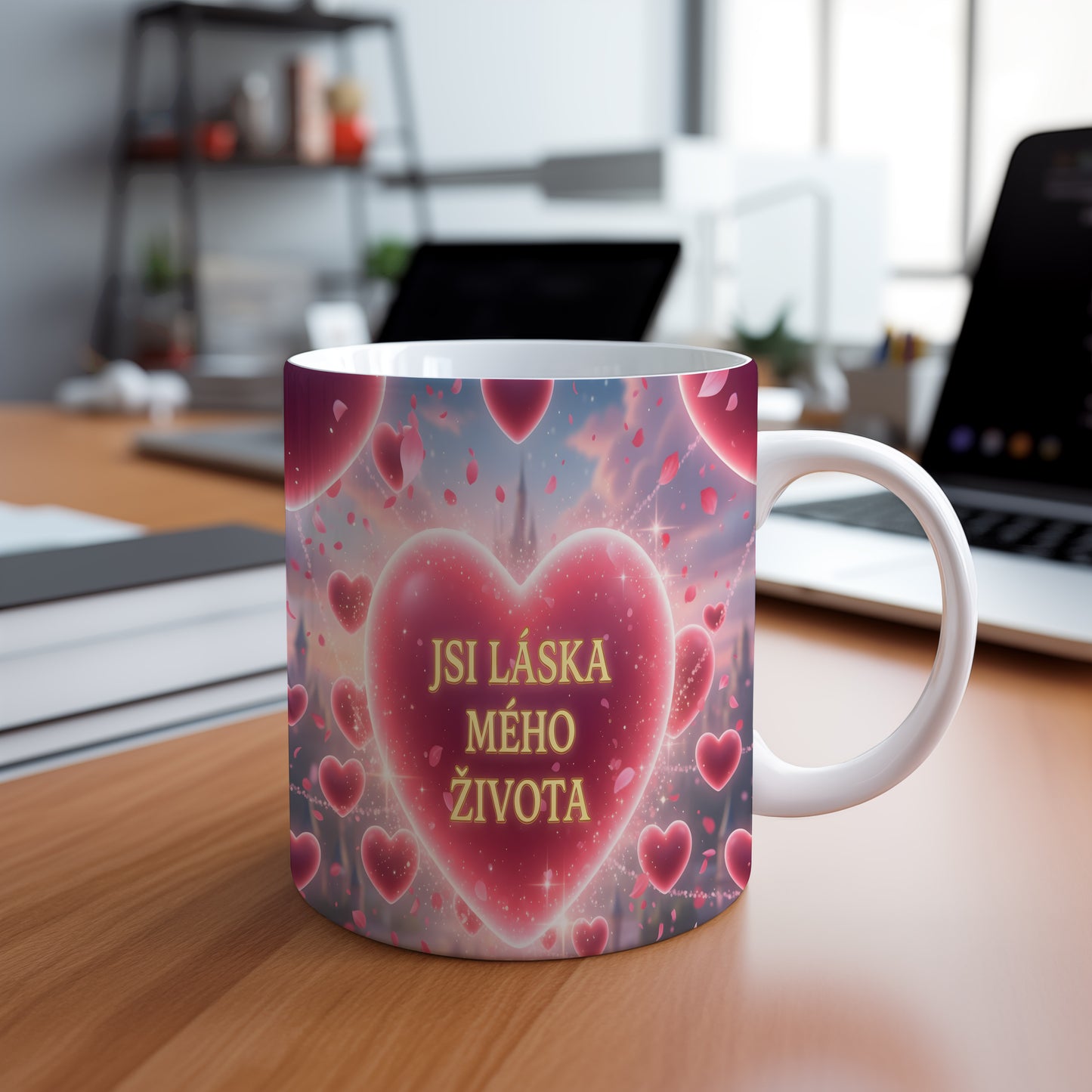 Hrnek s romantickým motivem srdce a textem JSI LÁSKA MÉHO ŽIVOTA.